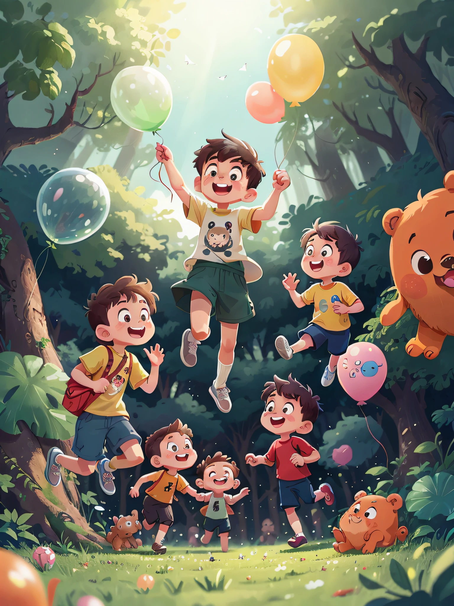 Jeizuo,the best quality t,(Very detailed CG unified 8K wallpaper),(the best quality t),(The best illustrations),(The best shades),A boy plays with animals in the deep forest,Balloons are decorated around,pleased,Happy atmosphere,Ethereal atmosphere,Boys and animals in the deep forest are having fun。They are surrounded by colorful balloons,It adds a cheerful atmosphere to the whole forest。Boys and animals jump together、run,Play all kinds of fun games。
Behold!A giraffe is using its long neck to grab a fluttering balloon,It looks a little confused but very exciting。Little monkeys next to them jumped around the trees,Trying to grab a nice red balloon。Little bunnies chase balloons in the grass,Their ears flutter gently with the movement of running。
The boy enjoyed watching the animals play,He plays hide-and-seek with a bear cub。When they hide in the bushes,The balloon floated slowly,It gives them a touch of color and joy。
The deep forest is filled with laughter,The balloon shimmers in brilliant colors in the sun。The boys had a great time with the animals,Left great memories。This scene of joy and friendship will always be present in their hearts。