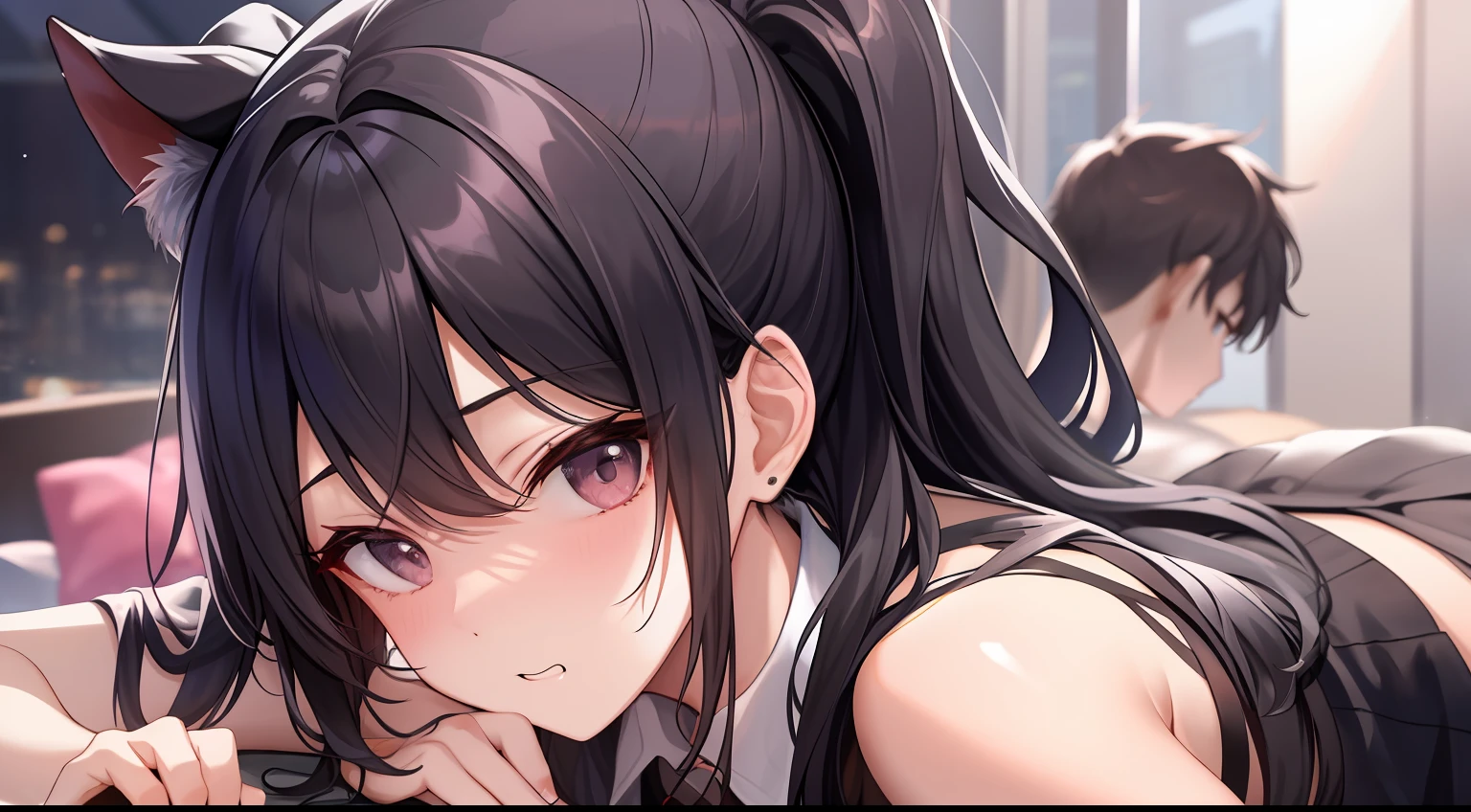 best qualtiy,超高分辨率,1girll,sleeveless white button shirt,a black skirt,Black collar,adolable,(Kpop idol),(aegyo sal:1),(whaite hair:1),((puffy eye)),It looks like in front of her boyfriend,full bodyesbian,facing the front there,is shy