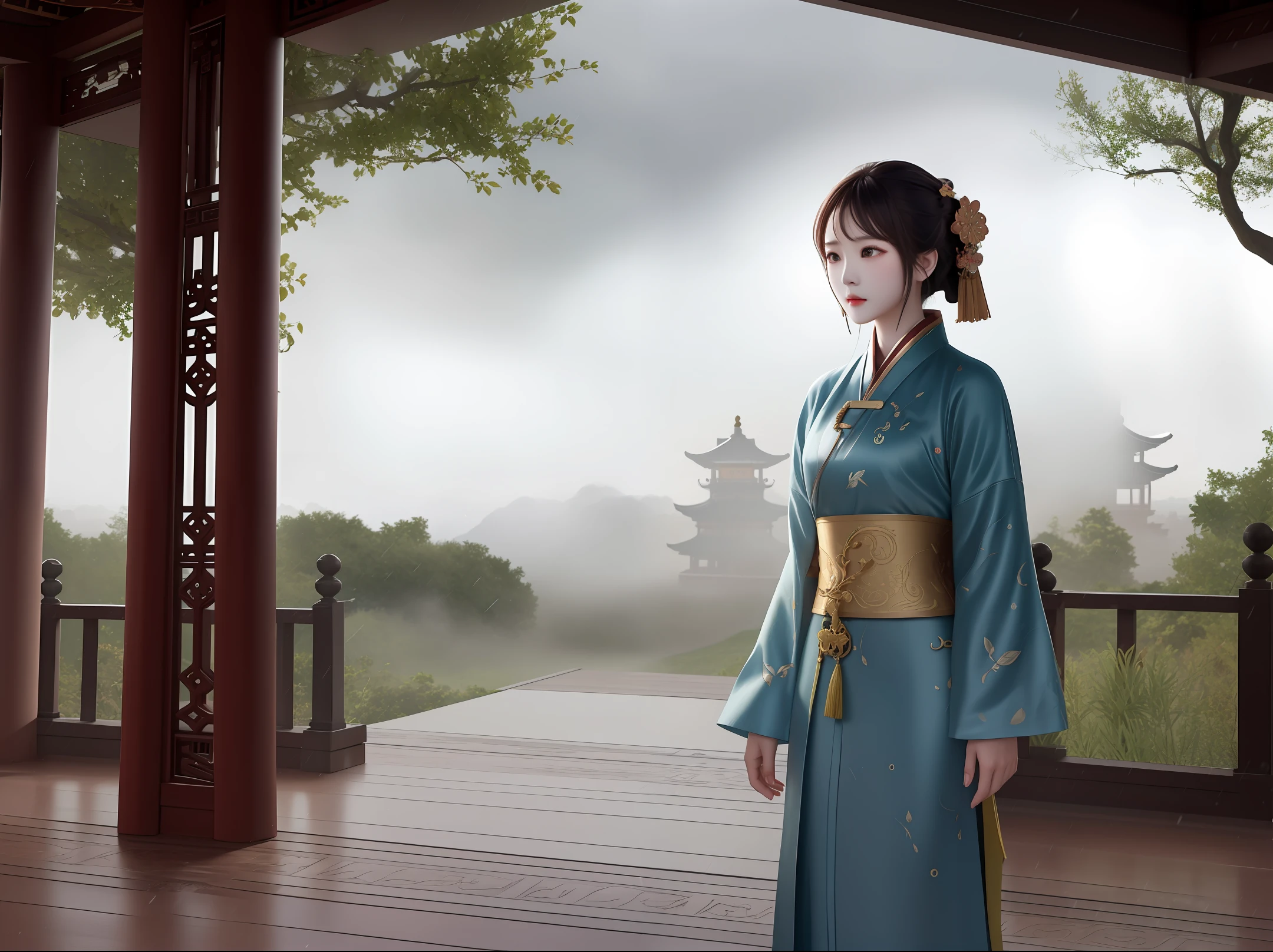 In the falling rain, the fog is faint,The ancient style girl stood in the long pavilion,bea,Cangmu,Worried looking into the distance