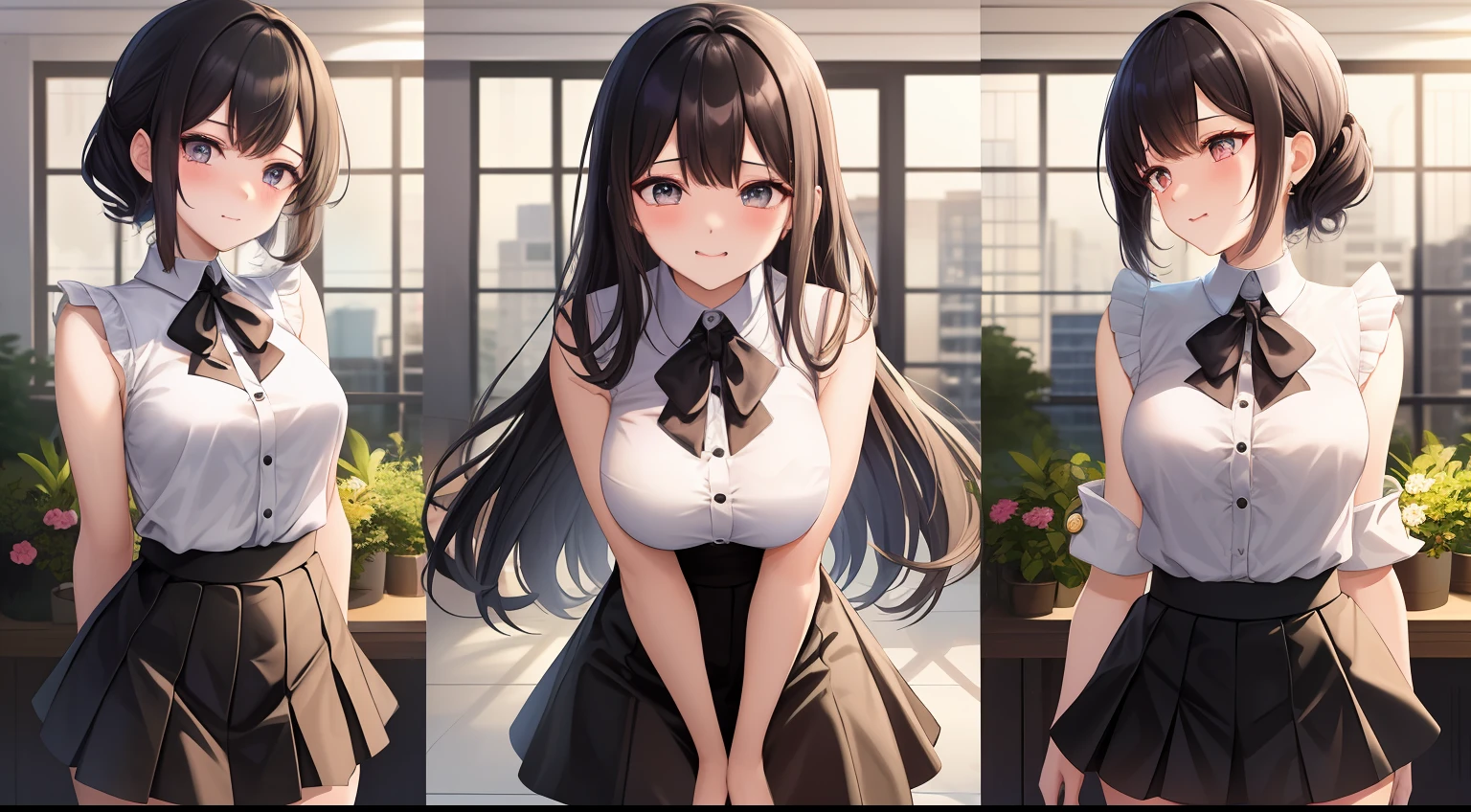 best qualtiy,超高分辨率,1girll,sleeveless white button shirt,a black skirt,Black collar,adolable,(Kpop idol),(aegyo sal:1),(whaite hair:1),((puffy eye)),It looks like in front of her boyfriend,full bodyesbian,facing the front there,is shy
