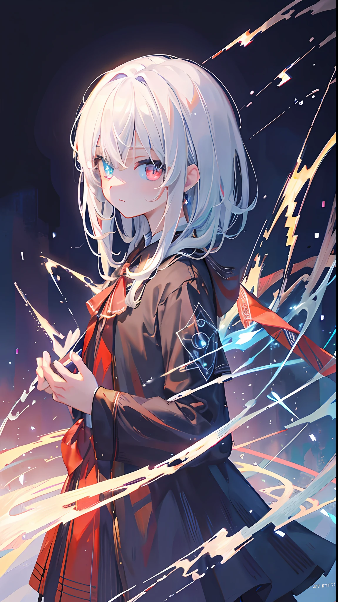 (tmasterpiece,best qualtiy),In the thunderous electric light,The city is brightly lit,But you can still see the starlight,A cute maiden in a trench coat,Lonely leaning on the void,Stir the starry sky into a chaotic whirlpool