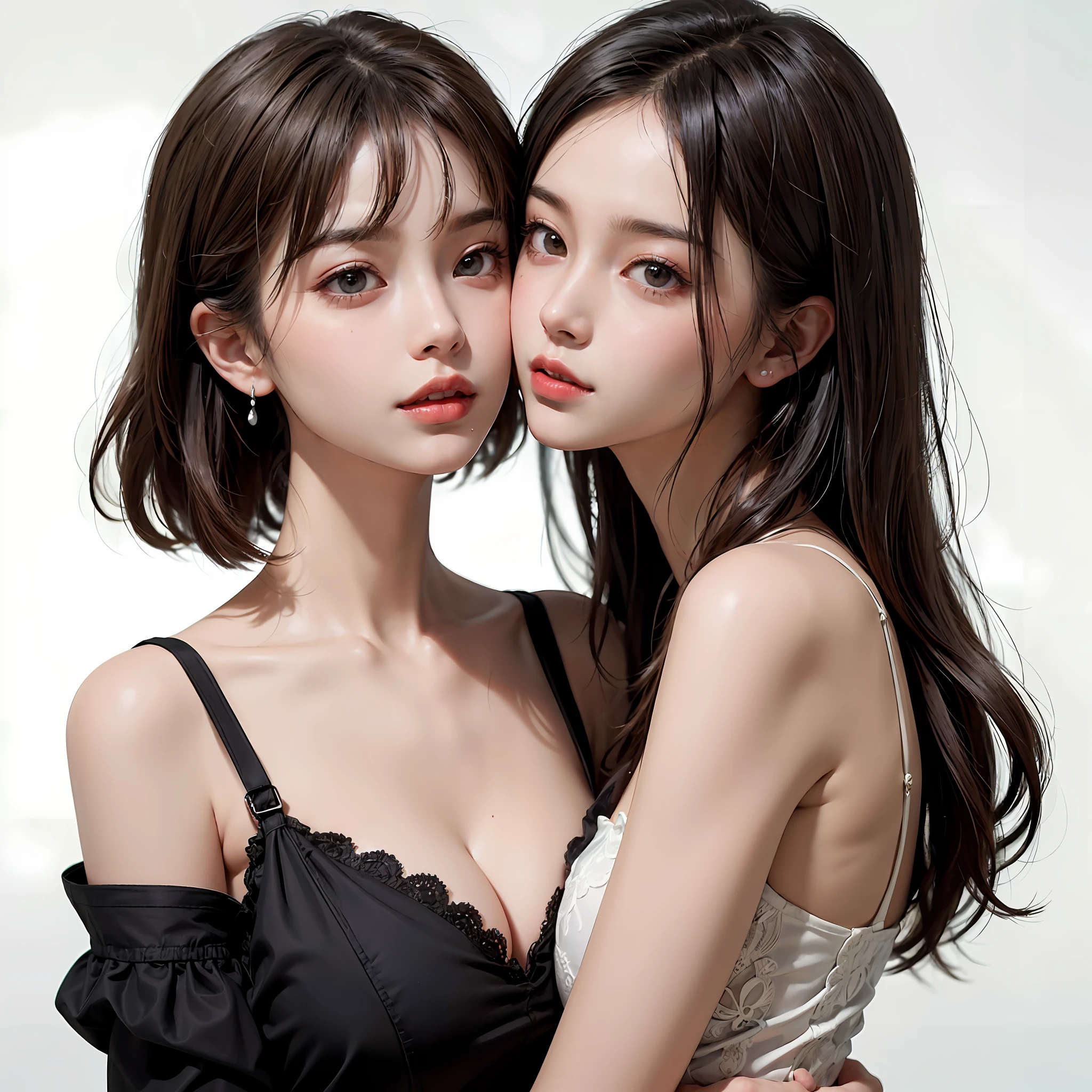 Two people facing each other face to face、Two people hugging each other tightly、Both of them stare intently at the camera、Lesbian couple、Lily couple、((Kissing on the cheek))、Two pretty and pretty girls、masterpiece、top-quality、realisticlying、realisitic、Seductive bright smile、Both of them have short clean hair with bangs、clean hair with bangs、off shoulders、Sleeveless、enticing eyes、Both have big breasts、large full breasts、(cleavage of the breast)、(Immaculate white background with nothing really)、(24 year old)、highly-detailing、tall、neck long、Straighten your back、Put your ears out、Highlights in the eyes、lipgloss、glowy skin、White-colored skin、Clean collarbone、closes mouth、Happily、Nice proportions、lovely、Charming and endearing、Randomly colored attire