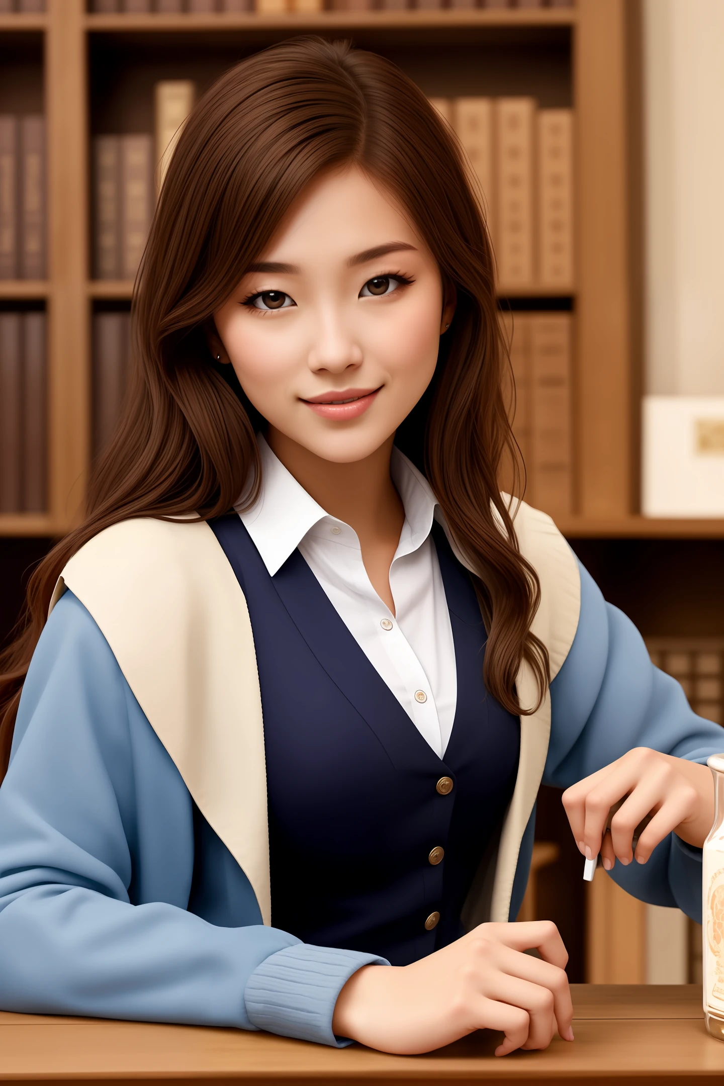 Her-min,Brown hair long,french girl,magia,Chocolate eyes,Hogwarts House,English classical,White-colored skin,self-assured,clever,sagacious