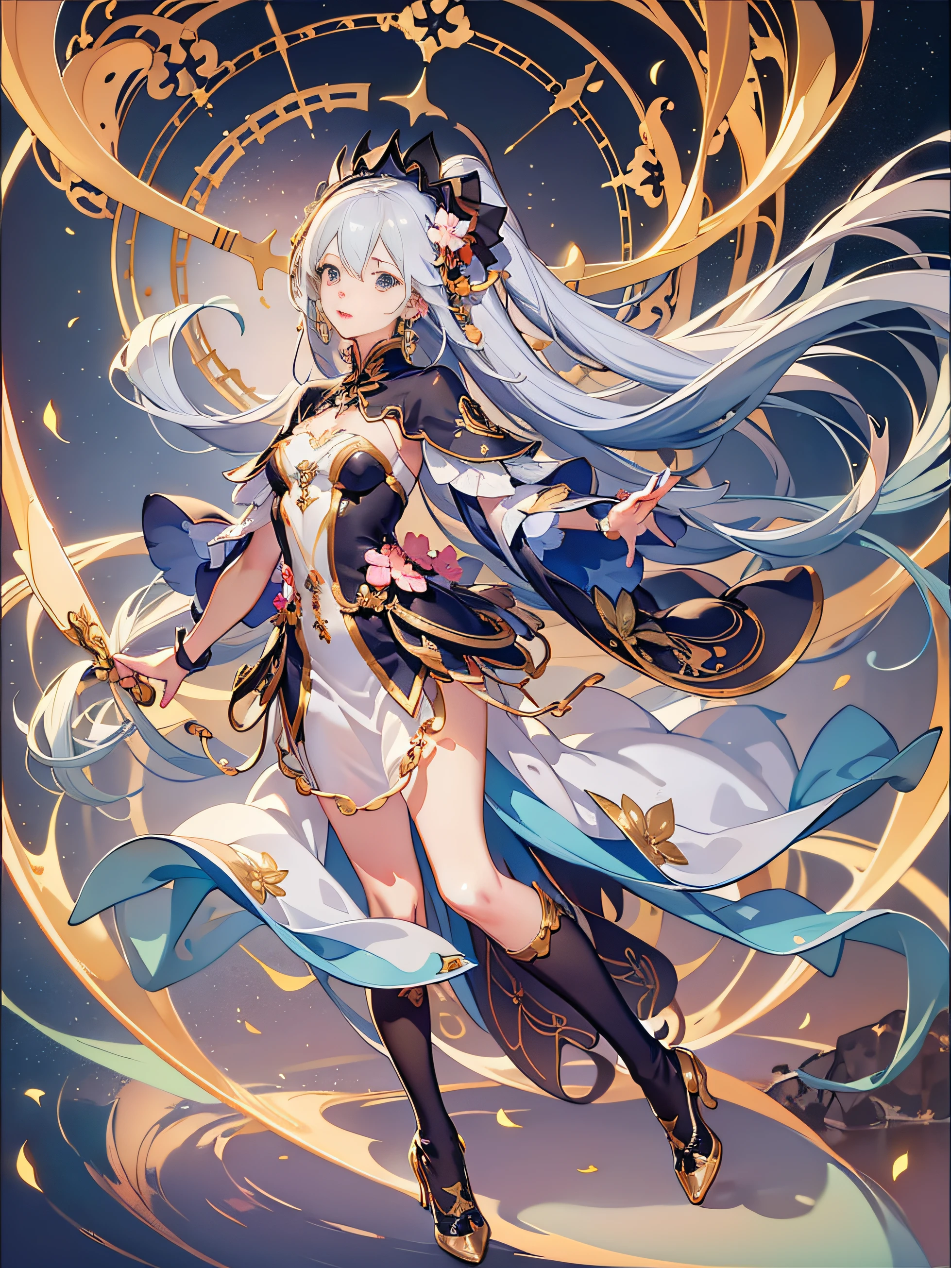White hair, hair splayed out, , Anime, god light, Full body like,Black stockings,hyper HD, High quality, High details, Award-Awarded, Best quality, A high resolution, 16k