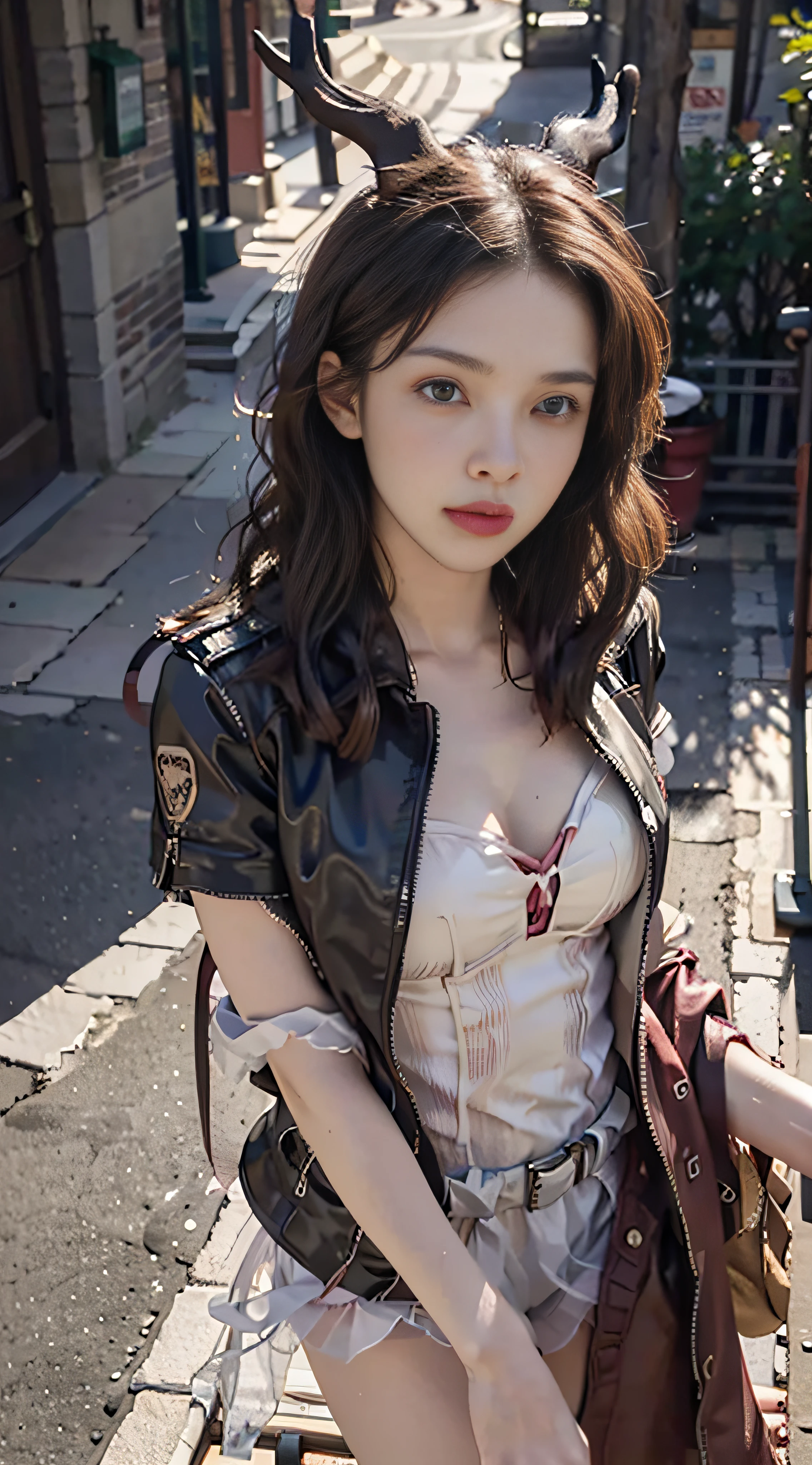 Haut du corps, (From directly above)Detailed skin,8K masterpiece,cinematic lighting,chemise,topwear,Burgundy,Manteau,Ruffles,Spring,al fresco,CE leather jacket,Luxury brand of the same model,Lambskin,
