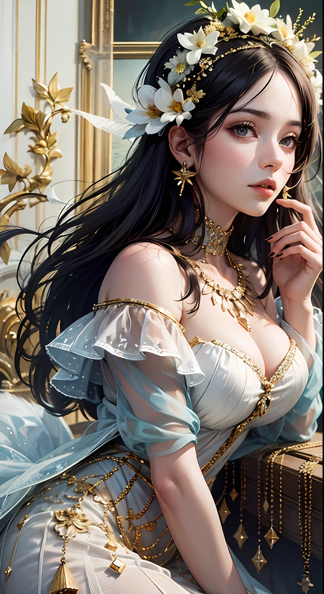 Obra maestra, Cinematographer, 1 diosa, cabello rubiolargo, vestido blanco, adornado con muchos detalles, corona en la cabeza, anillos en los dedos, fondo abstracto con flores, hiperrealista.