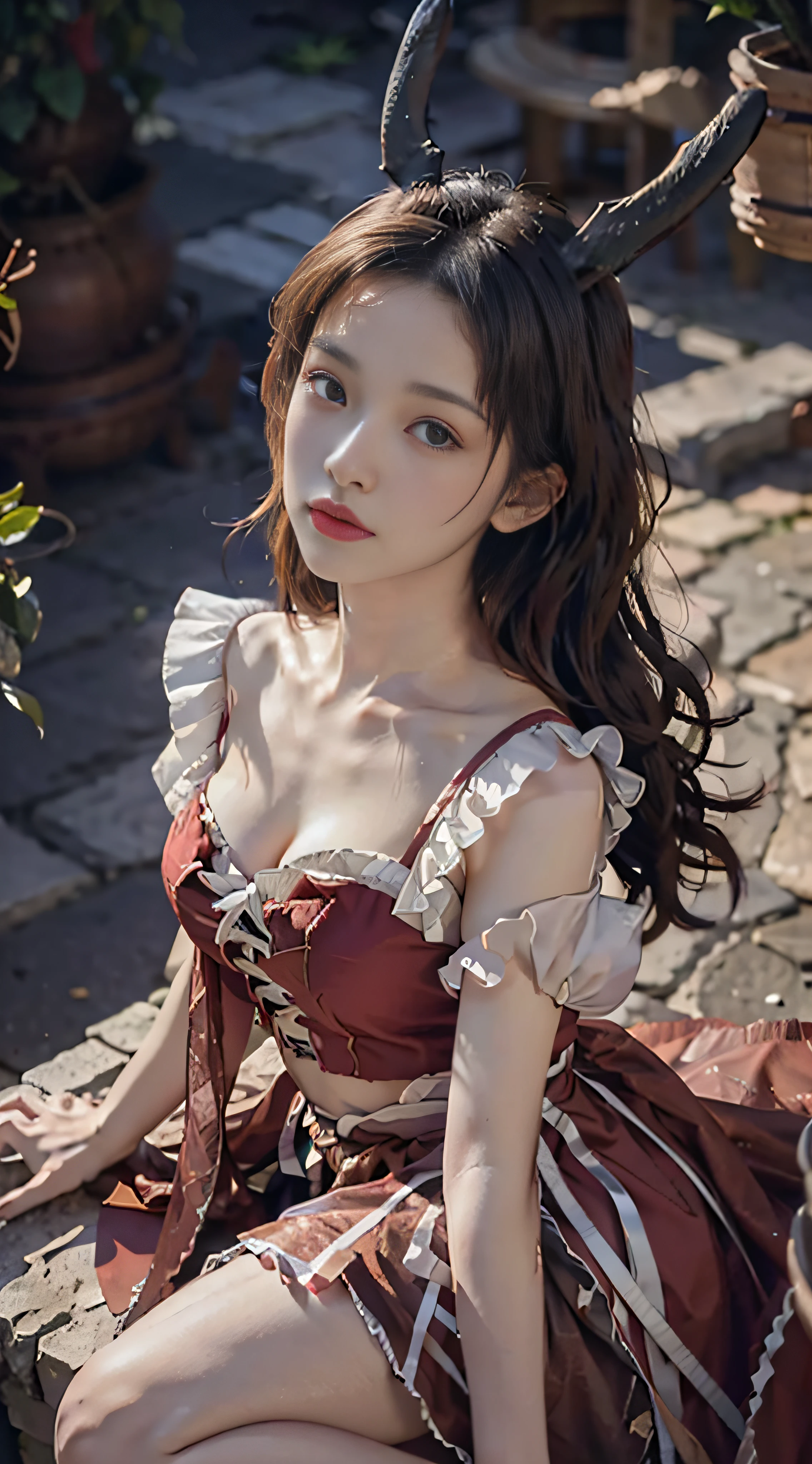 Haut du corps， （From directly above）Detailed skin，8K masterpiece，cinematic lighting，chemise，topwear，Burgundy，Manteau，Ruffles，Spring，al fresco，