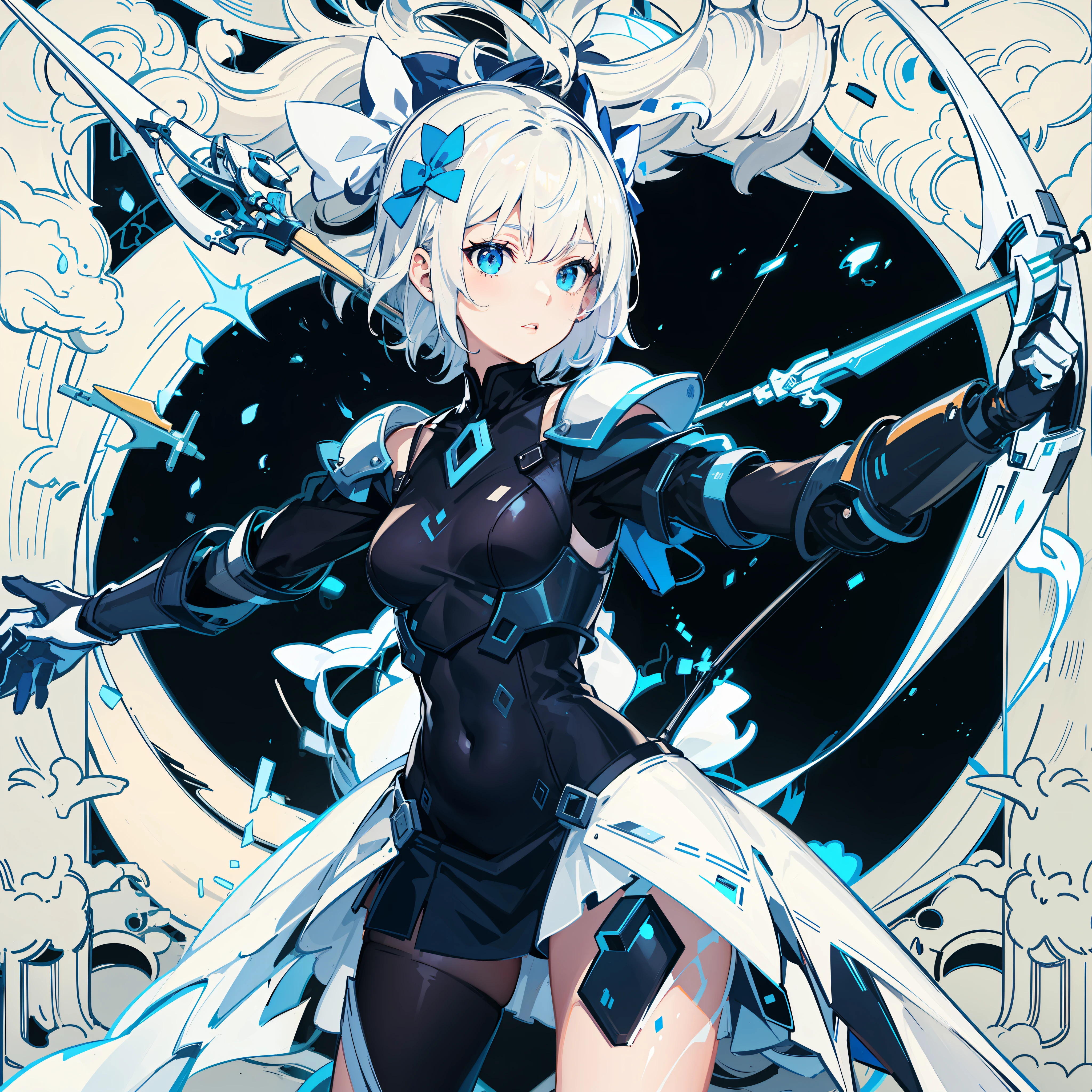 A girl with short white hair wearing mechanical armor and holding a bow and arrow,legs focus,The original image will not be changed,The left hand of the picture is redrawn,The overall blue color is predominant,Add white accents to the clothes,Add white stockings to the left leg,white skirt,