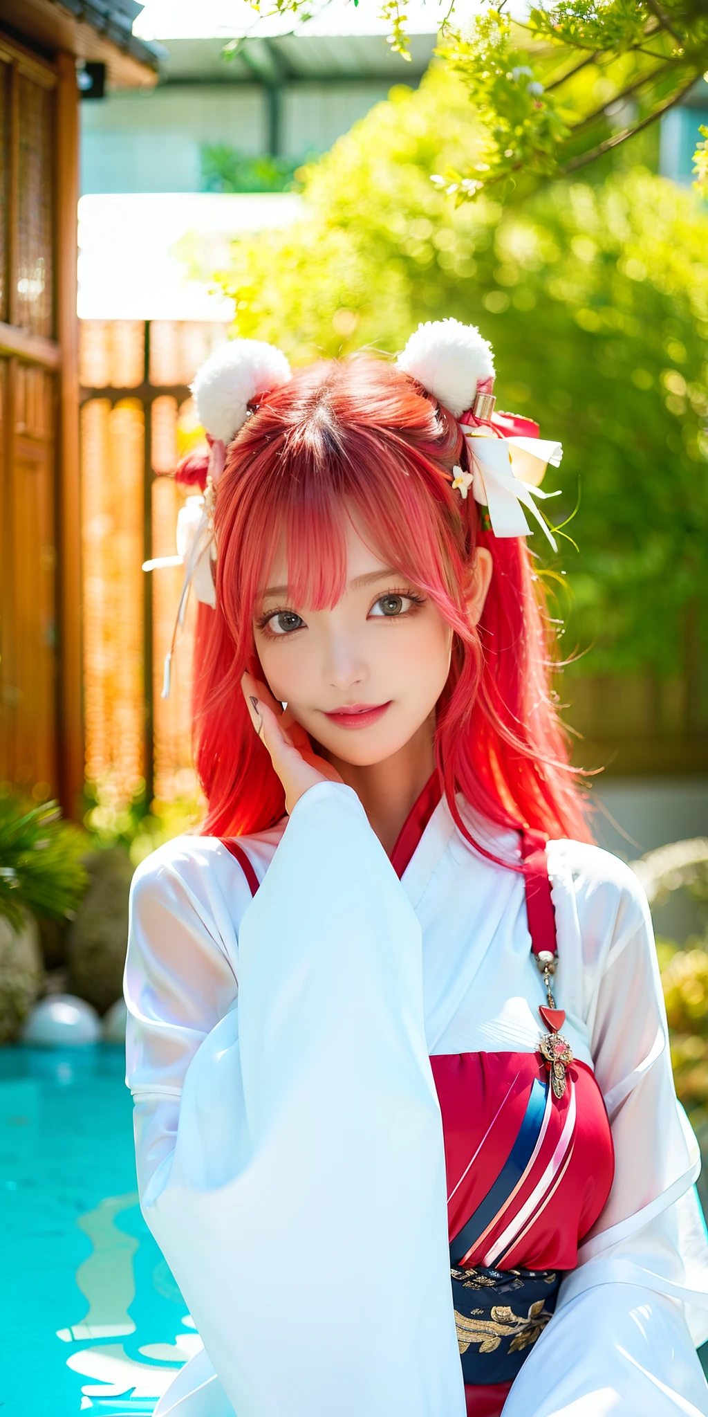 (8k, 4k, best quality, highres:1.2), (maasterpiece, realistic, photo realistic:1.37), 1girl, solo, beautiful face, eyelashes, nose, glossy lips, (detailed eyes, looking at viewer, fair skin, white skin:1.5), fine complexion, upper body,
large breasts, busty,,,
outdoor onsen,
two side up, absurdly long hair, blonde hair, pink hair, bangs, hair ornament, bow,
younger, aged down,