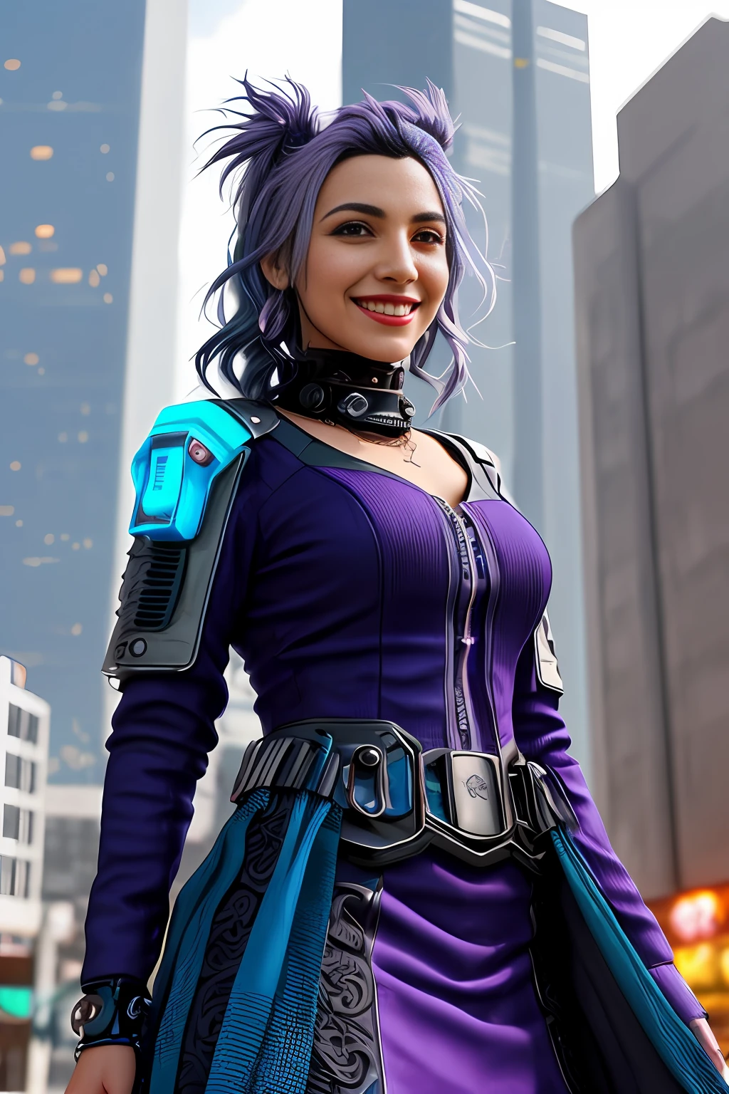 a cyberpunk portrait photo of   a guatemalan woman smiling,  (futuristic folk dress), pronounced feminine feature, insane details, intricate details, hyperdetailed, complex background, futuristic city, she has ((wavy blue and violet hairs)) and glossy violet lipstick