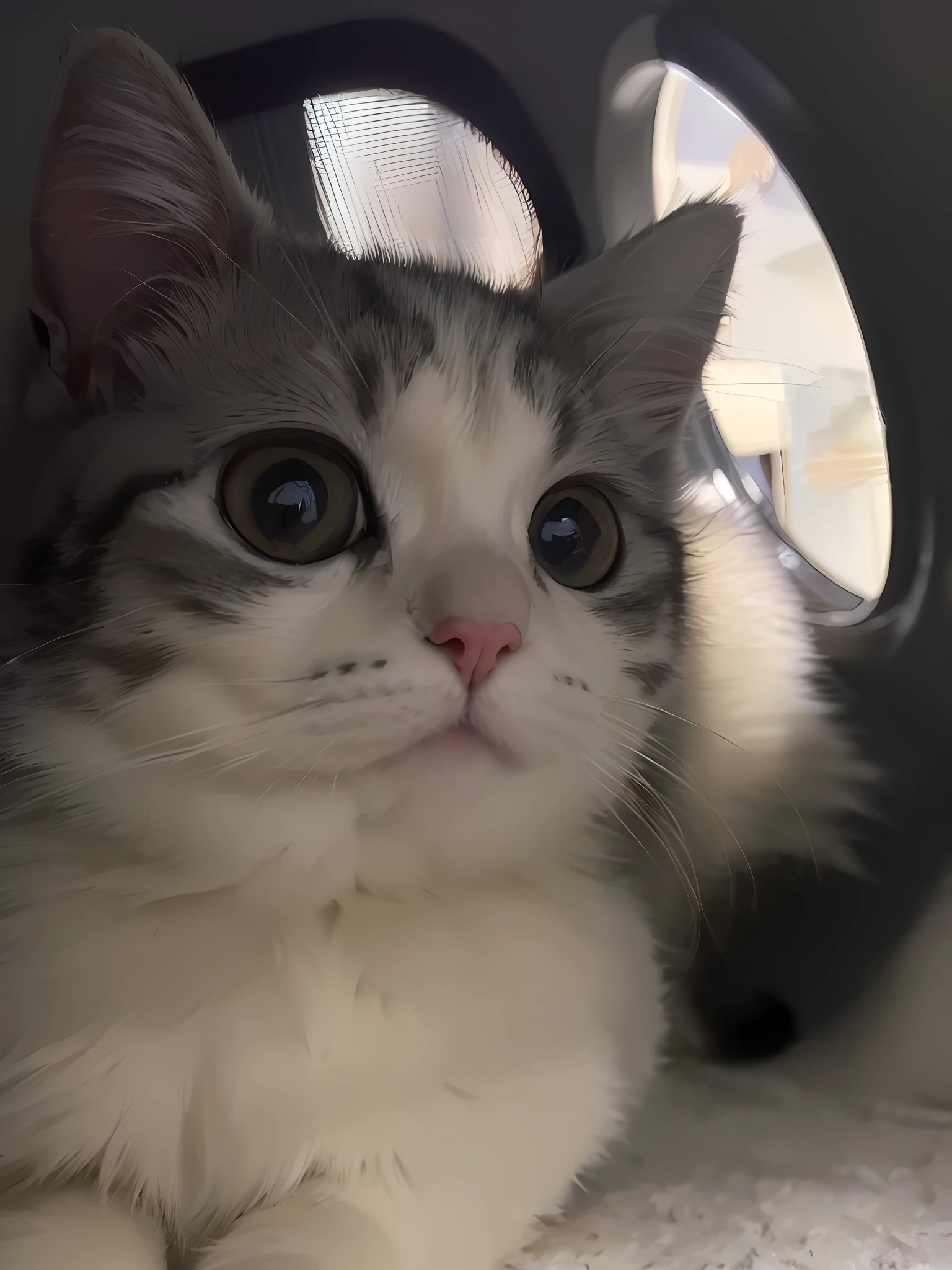 there is a cat that is laying down in a cat house, looks surprised, looking up at camera, she has a cute expressive face, looking up at camera, looks into camera, She has a cute face, horrified look in his eyes, staring in the camera, curious expressions, lovingly looking at camera, very large eyes!, adorable big eyes