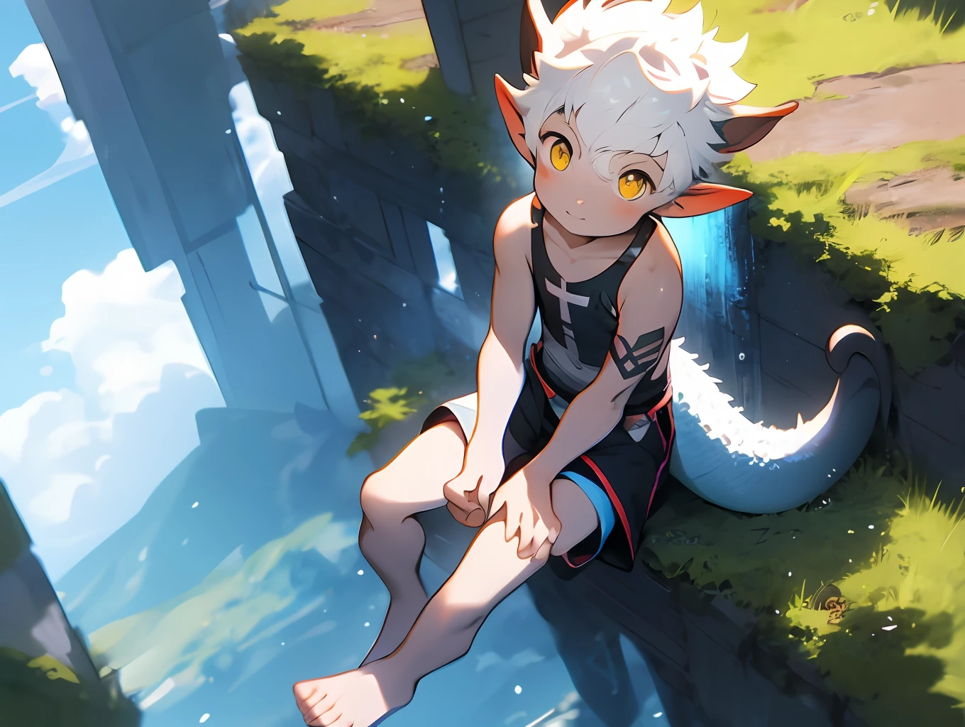 Anime - style image of a little boy standing on grass in front of the forest, concept art by Shitao, Pisif, Furry art，trending on artstation pixiv, Guviz-style artwork, lalafell, Guviz, Guweiz on ArtStation Pixiv, young male anthro dragon，White fur，White hair，Close-up photos，（Slightly fat），Sit cross-legged，The perspective is from above