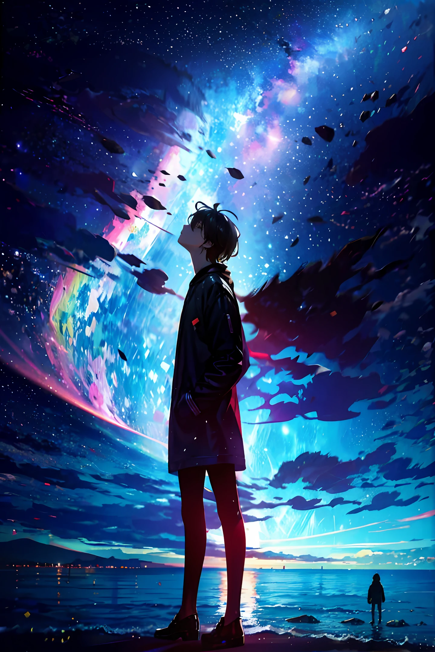 At night, a teenager stands by the sea，Look up at the starry sky，Full body photo，delicated，Need