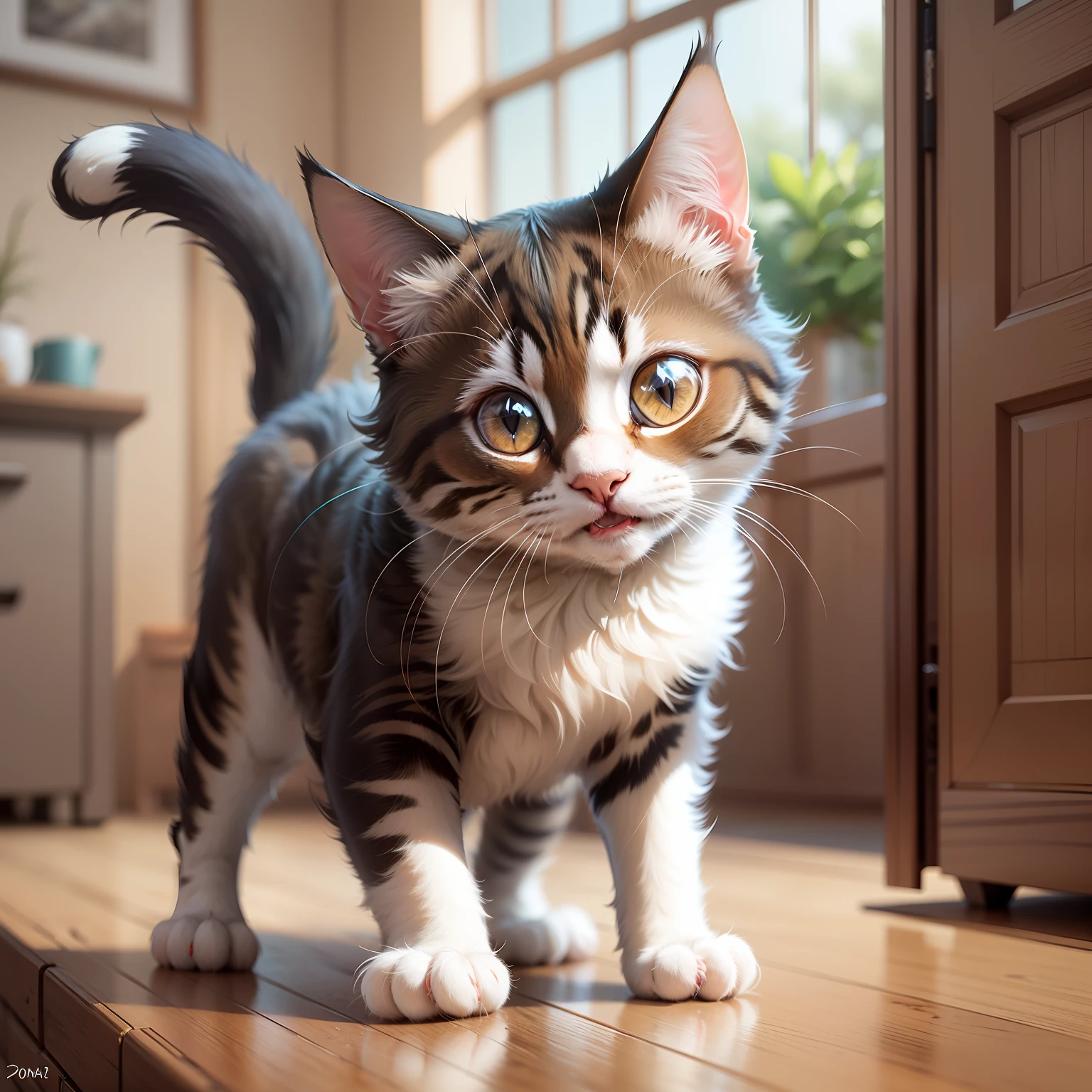 "Imagine a playful and mischievous Manx cat with a fluffy tail and a mischievous sparkle in its eyes. Describe its endearing antics as it pounces on imaginary prey and gracefully leaps from one piece of furniture to another. Highlight its expressive meows and how it lovingly nudges its humans for attention. Don't forget to mention the irresistible charm of its shortened tail and how it wiggles with excitement when it's happy. Let your words paint a picture of this delightful Manx cat that melts hearts wherever it goes!"