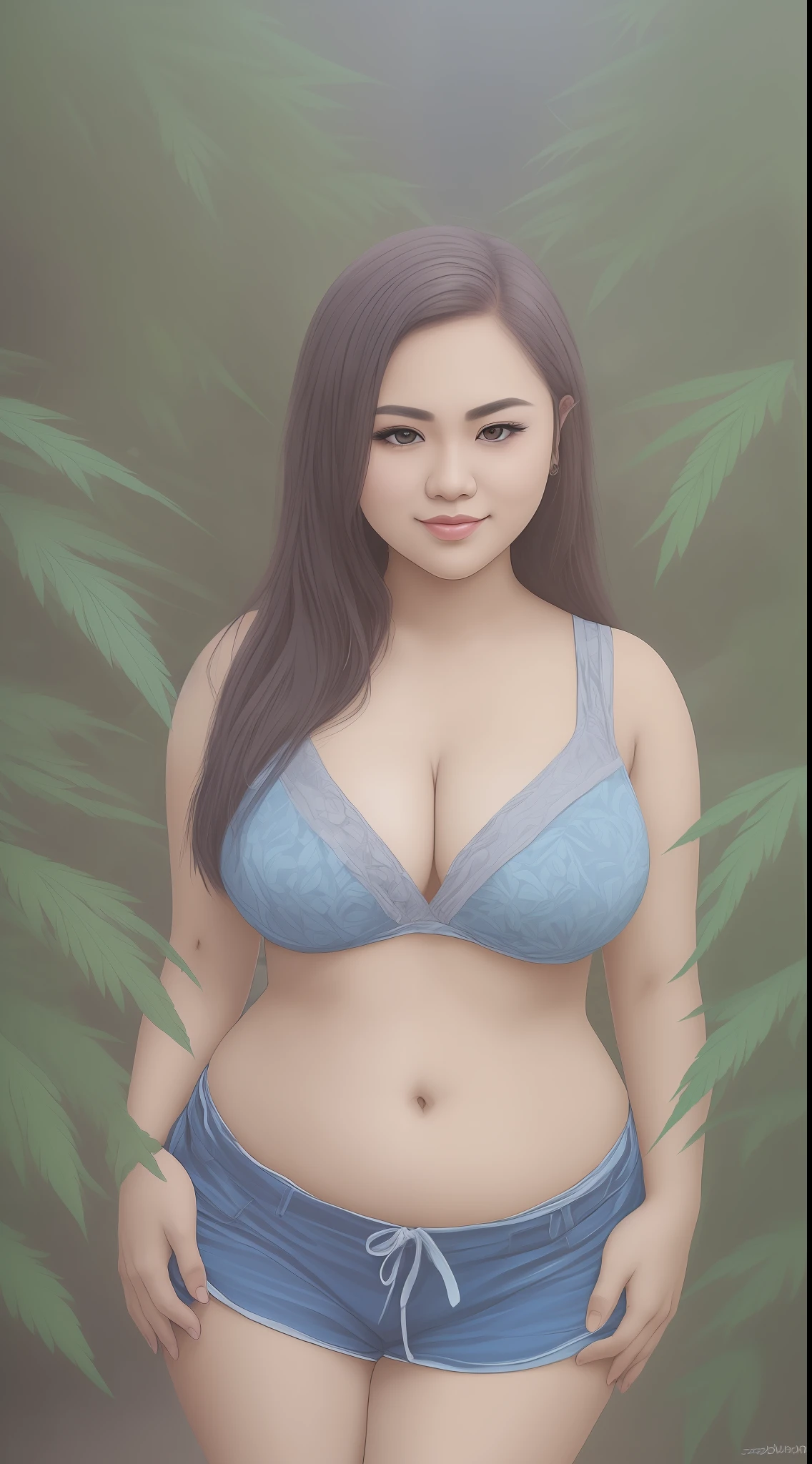 CG art of a beautiful sundanese girl, 1girl, (Wina Dana Riniy), (marijuana goddess:1.2), cute girl, curvy, voluptuous, thick, busty, big breasts, exotic, (full body shot), Sam Yang art, sundanese culture, 
glamor pose, smirk, eyebrow up, 
pastel color, calm tones, 58 mm,
detailed marijuana west java garden background,
(paint by SamDoesArts:1.3)