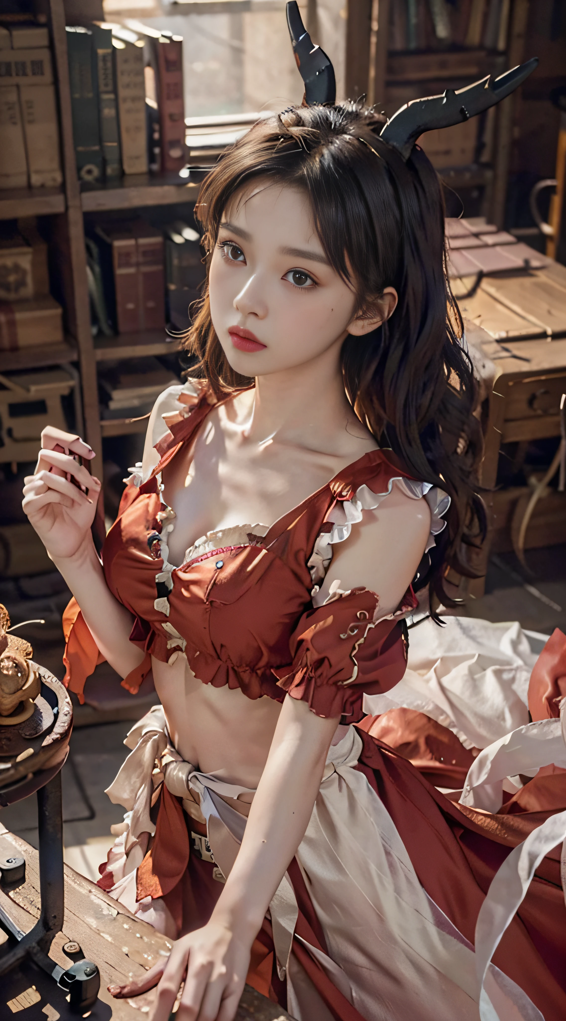 Haut du corps， （From directly above）Detailed skin，8K masterpiece，cinematic lighting，Lyocell，Silk，Hollow-out on，Red clothes。v neck，puff sleeves，high-waist，
