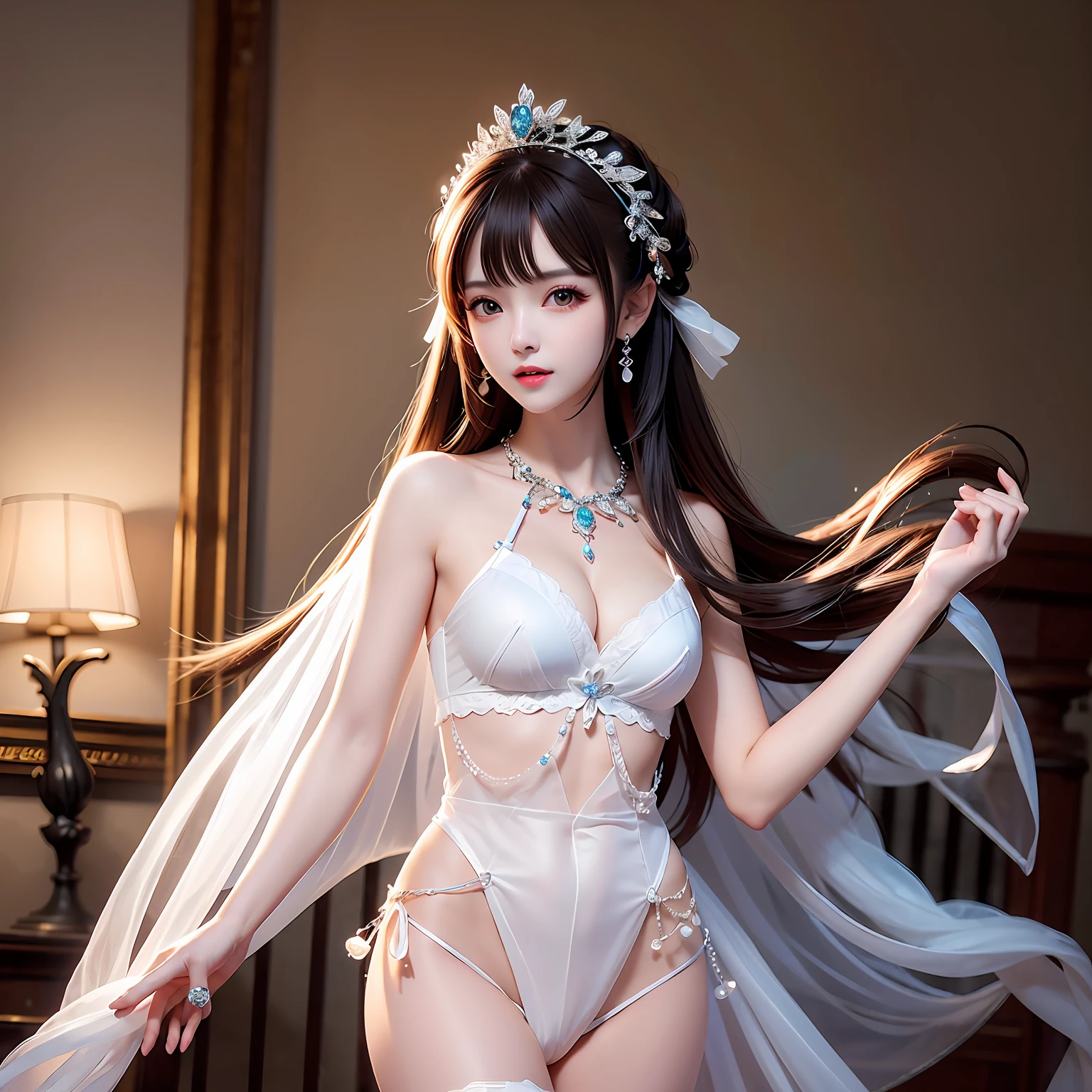 Chinese women,photograph realistic,Raised sexy,The body is superlative,36D Big,wearing only his underwear,fully body photo,The posture is gone,ssmile --auto