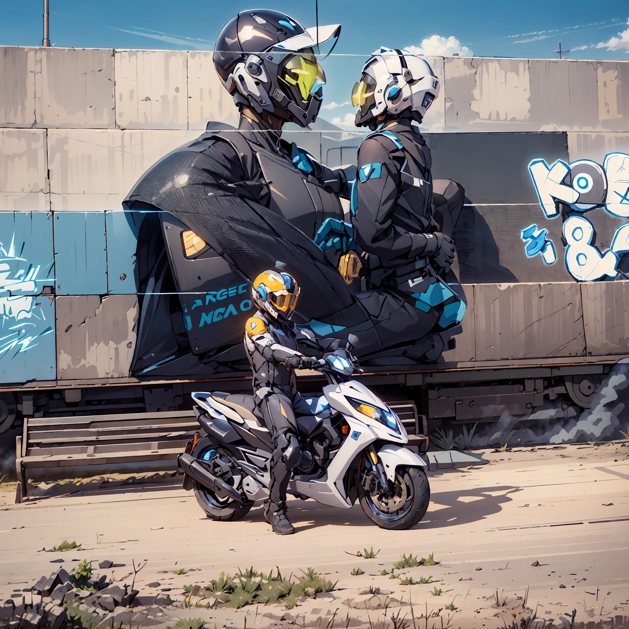 Moving locomotive, on the road, sporty, blue sky, locomotive boy, wearing motorcycle suit, scientific and technological style, with helmet, black and white body, fluorescent yellow embellishment