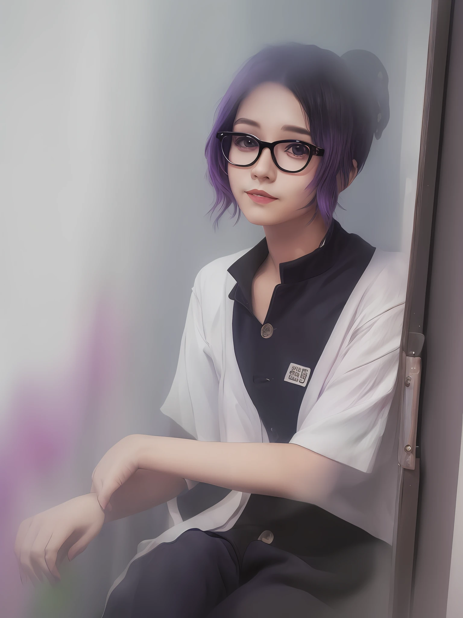 the watercolor style,Short foggy purple hair,black-frame glasses,Black eyes,a sailor suit