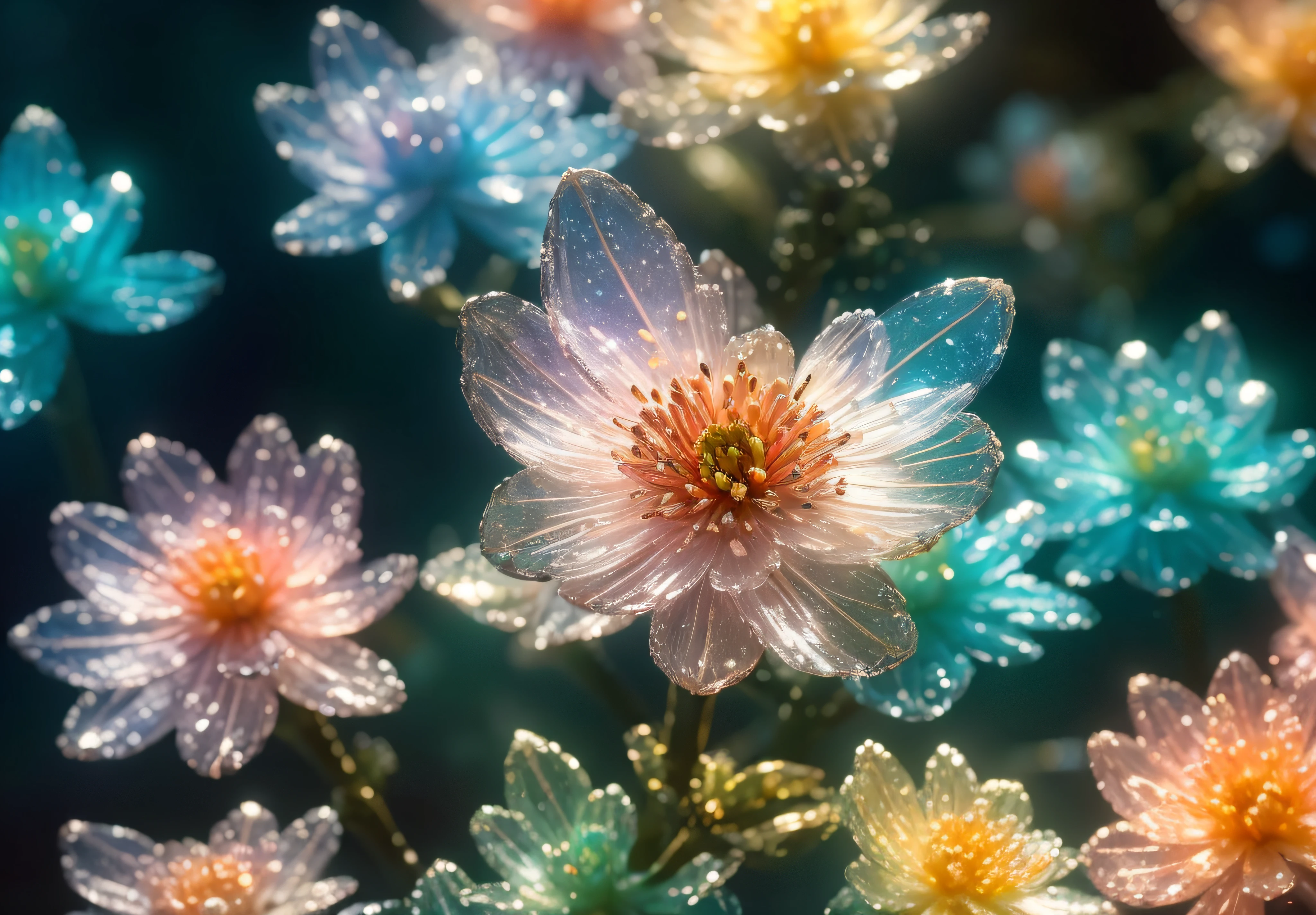 crystal spring blossom,
fantasy, galaxy, transparent, 
shimmering, sparkling, splendid, colorful, 
magical photography, dramatic lighting, photo realism, ultra-detailed, 4k, Depth of field, High-resolution