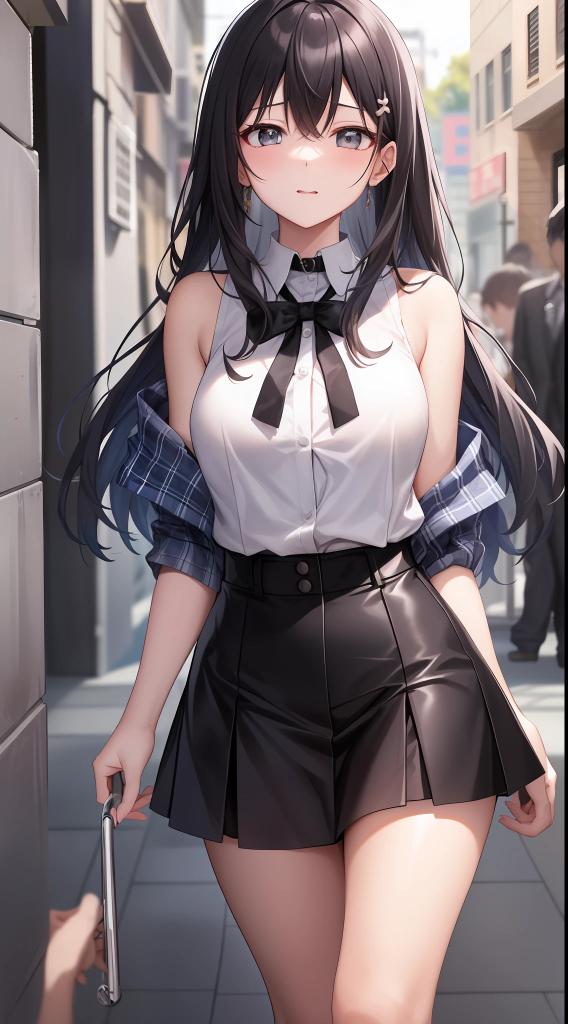 best qualtiy,超高分辨率,1girll,sleeveless white button shirt,a black skirt,Black collar,adolable,Kpop idol,whaite hair,puffy eye,It looks like in front of her boyfriend,full bodyesbian,facing the front there,is shy
