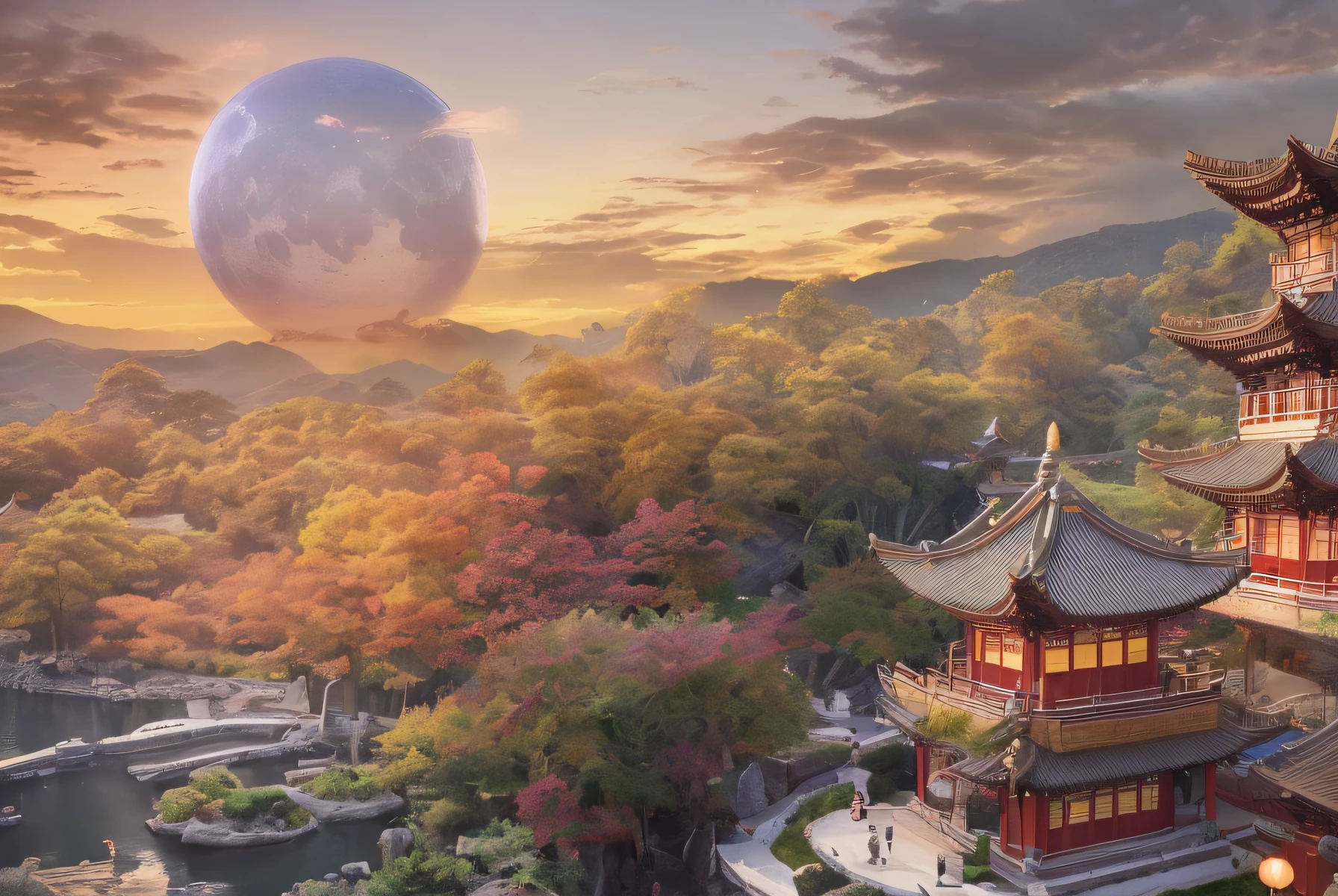 ( ( Top view, high angle view, Focal point composition) ) , Sunset Gradient, moonlit night, halo, beautiful play of shadow, light effects, (Autumn),(many raditional Chinese architecture on a floating island), there are many scattered buildings, waterfall, clouds, group of buildings, sky lanterns, high mountains, soft color, refreshing, beautiful, Chinese landscape painting, cinematic lighting, cinematic lighting, high detail, (close-up), (chiaroscuro),fine facial details,cinematic lighting, (depth of field), extreme details, realistic light, epic composition, (complex details), (super details: 1.2), Art Station, (Masterpiece, Best Quality, Ultra HD, 32k, --v6