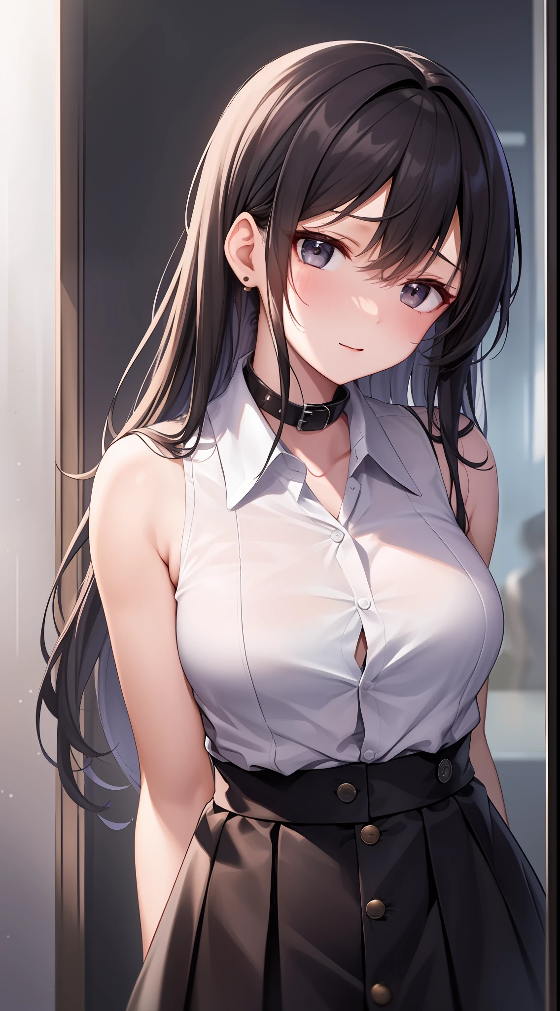best qualtiy,超高分辨率,1girll,sleeveless white button shirt,a black skirt,Black collar,adolable,Kpop idol,whaite hair,puffy eye,It looks like in front of her boyfriend,full bodyesbian,facing the front there,is shy
