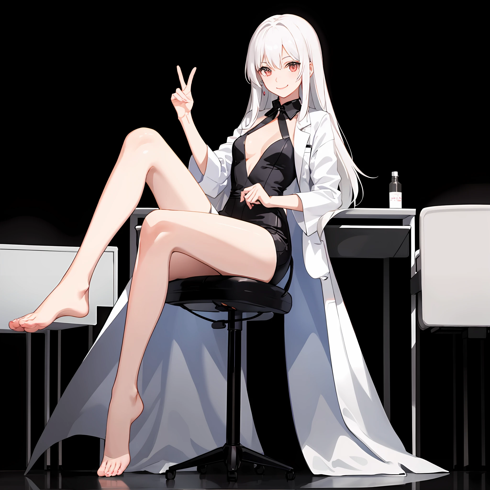 Two-dimensional anime girl with white hair,long white hair, Draped hair, White lab coat, The girl with white hair is the same girl inside the shirt for black cotton, Moderately small breasts, head-up to the camera, Facing the camera, In a dark room,The girl sat in a black office chair, with her hands folded on her chest, Legs exposed with black all-inclusive stockings, With a smiling emoji, And her left foot on her right foot and her right foot on the ground correct limbs,There is a bunch of flashing displays behind the girl,The display is on a black desk
