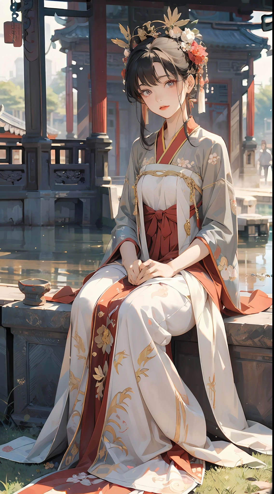 tmasterpiece,k hd,1girll,Gray hair,red color eyes,Hanfu,Wearing a golden cross on his head,Sit on flowers,Background with:Ancient Chinese imperial garden