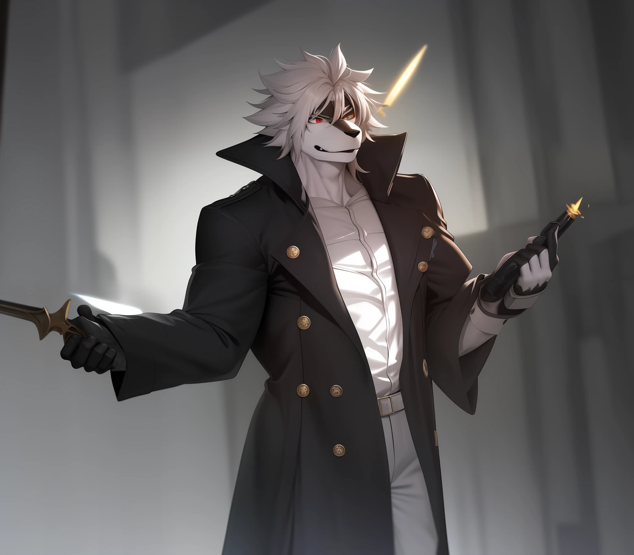 Boy student ,musculous,Two-dimensional furry ,a black trench coat,orthofacial,The background is dusk,yearning,Holding a light blade in his hand,Black and white fluffy hair