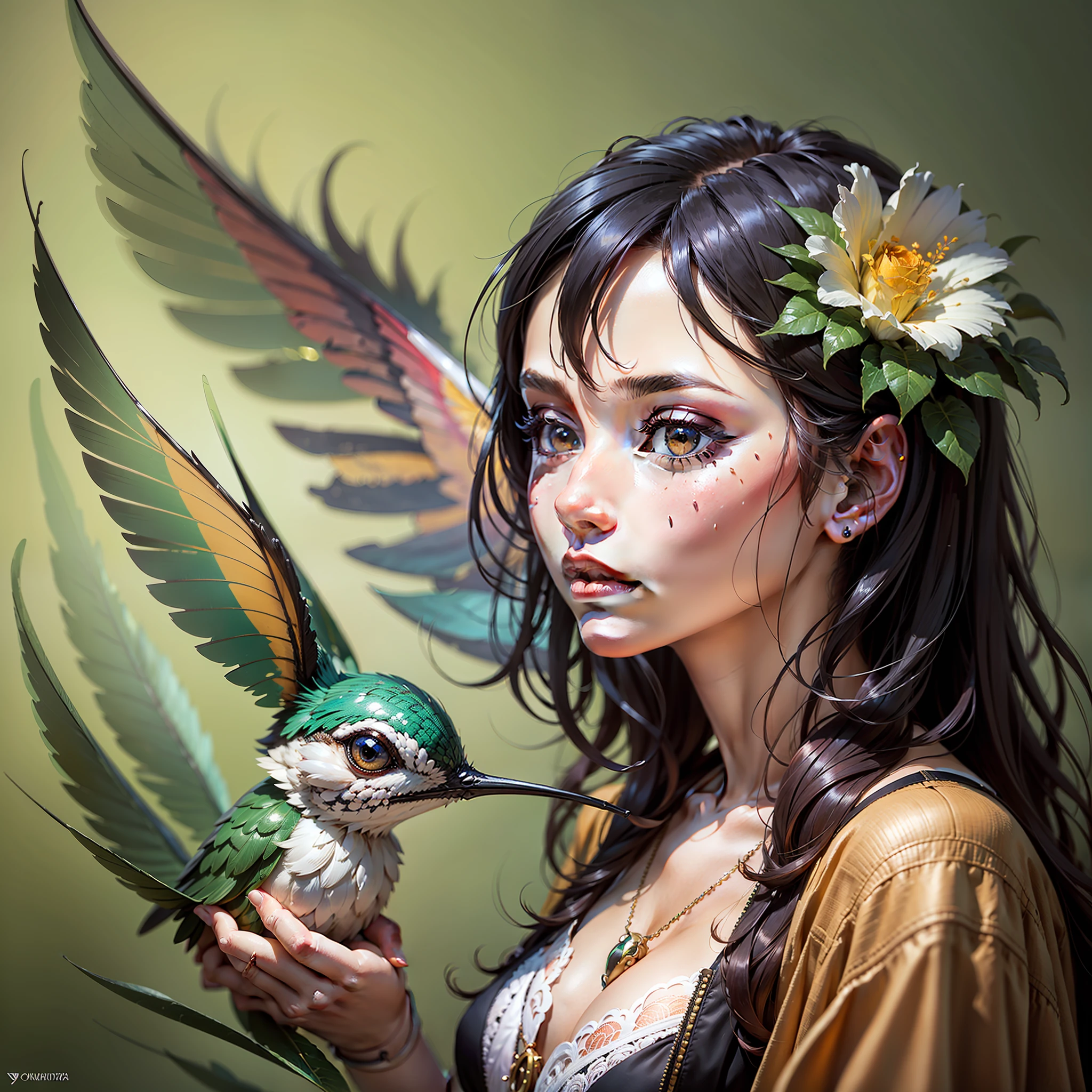 A GRACIOUS HUMMINGBIRD AND A ROSE by Yoshitaka Amano, Ellen Jewett and Jarosław Jaśnikowski :: A detailed, elegant, intricate, and colorful portrait in mixed media :: A masterpiece of surreal art, a vibrant painting