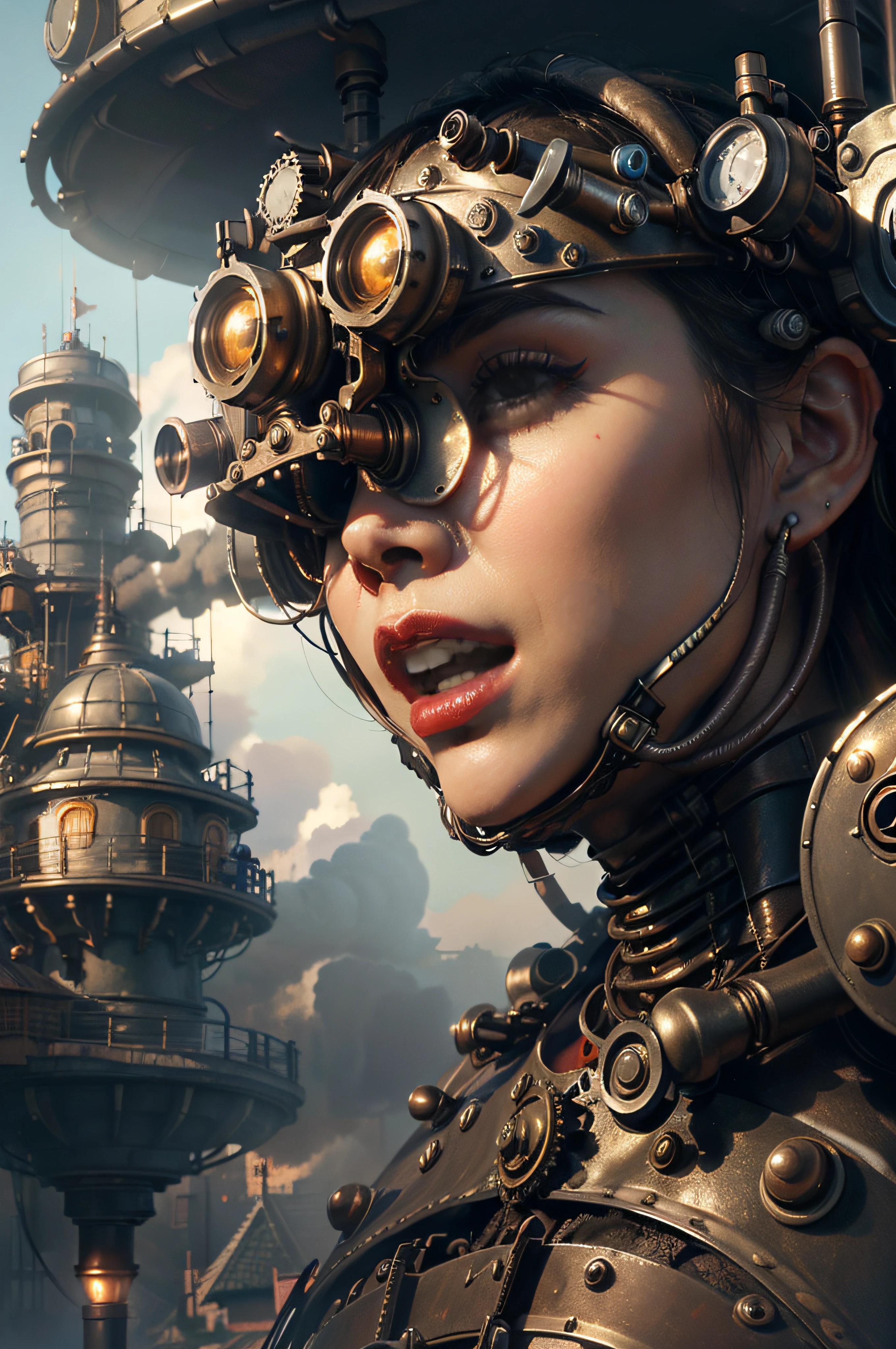 there is a woman with a steam - powered headpiece and a clock, estilo de fantasia steampunk, arte digital steampunk, arte steampunk digital, Arte digital altamente detalhada em 4k, arte steampunk, arte conceitual steampunk, arte steampunk de alta qualidade, detailed steampunk illustration, Cyber Steampunk 8 K 3D, fantasia steampunk, portrait of a mechanical girl, sci-fi steampunk