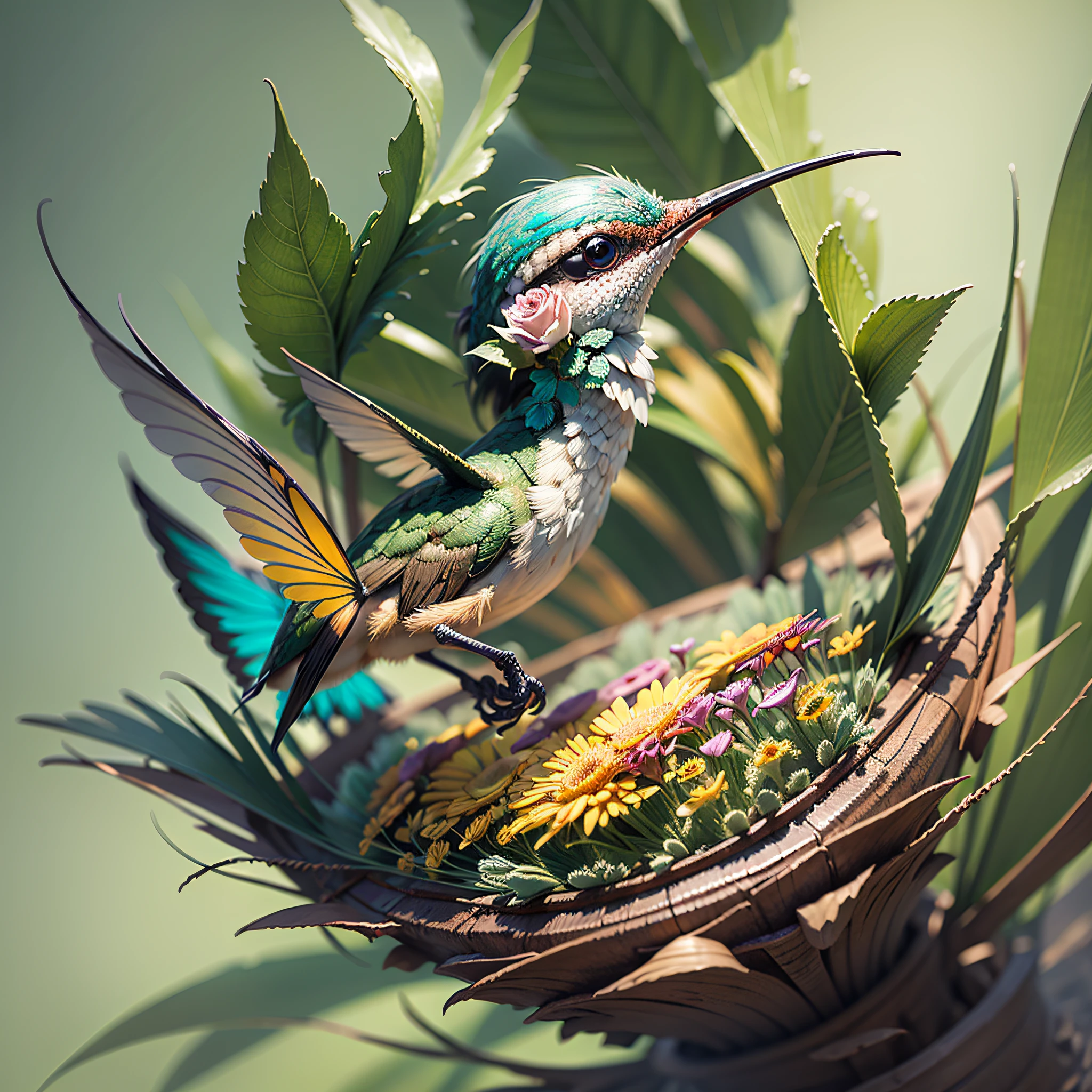 A GRACIOUS HUMMINGBIRD AND A ROSE by Yoshitaka Amano, Ellen Jewett and Jarosław Jaśnikowski :: A detailed, elegant, intricate, and colorful portrait in mixed media :: A masterpiece of surreal art, a vibrant painting