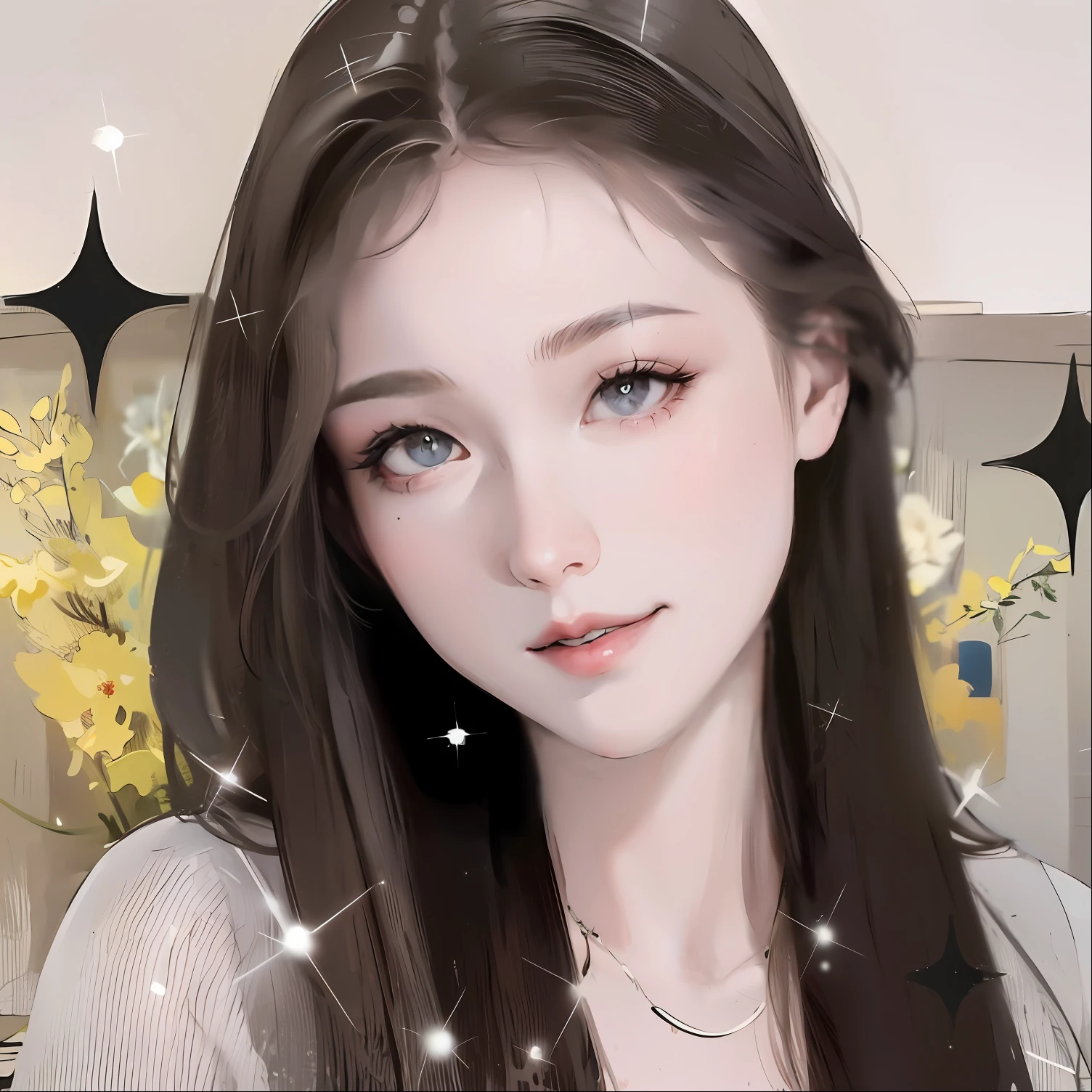 8K杰作极品，Anime female，Cool wind realistic portrait：big sister，Silver-white long-haired woman, long hair, light pink lips, calm and rational bangs, gray pupils，Flower background，The petals dance，Delicate Faces