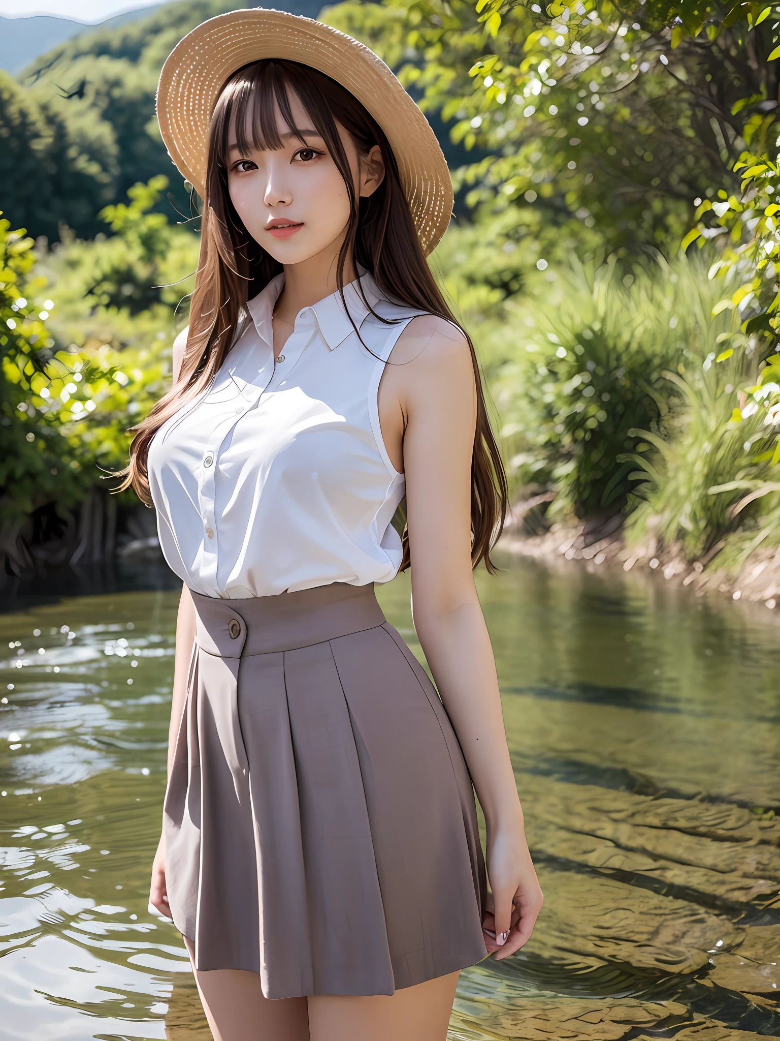 mastepiece, 1 girl per 1 photo, full body shot, front view, a Japanese young pretty girl, standing alone in a river surrounded by mountains of a countryside of Japan, a big smile, glamorous figure, wearing a sleeveless light blue blouse with collared, wearing a short length light brown culottes skirt, wearing a white straw hat, hyper cute face, glossy lips, double eyelids for both eyes, natural makeup, shiny smooth light brown hair of long bob hair, asymmetrical bangs, tanned skin, central image, 8K resolution, high detail, detailed hairstyle, detailed face, cinematic lighting, octane rendering, hyper realistic, perfect limbs, perfect anatomy