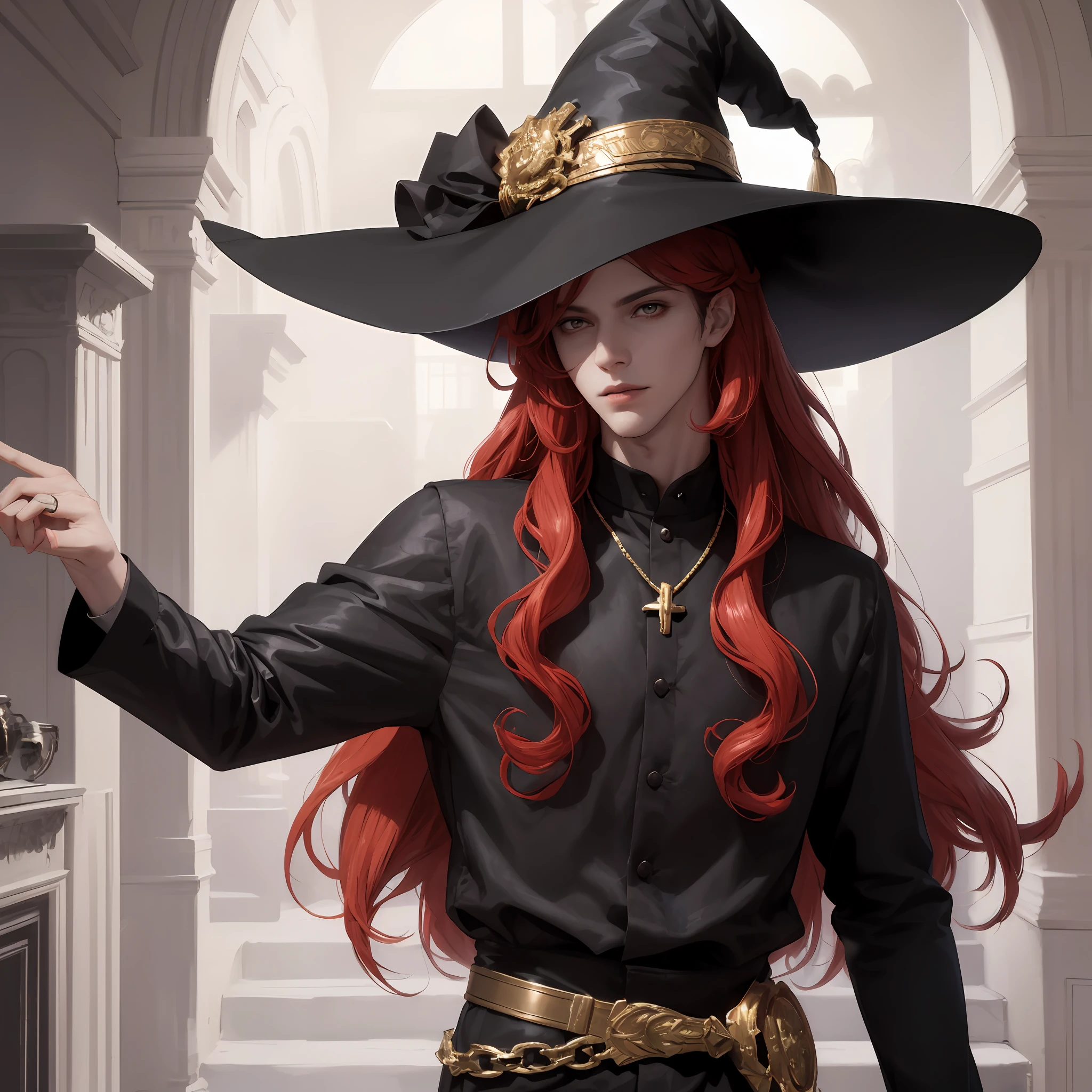 A young handsome man with long red curly hair,年轻,Handsome,Wearing a witch hat,Golden eyes,A male god,style of anime,shadowing,The best quality of light and shadow,8K,red colour,There is a black cross birthmark on the right face --auto
