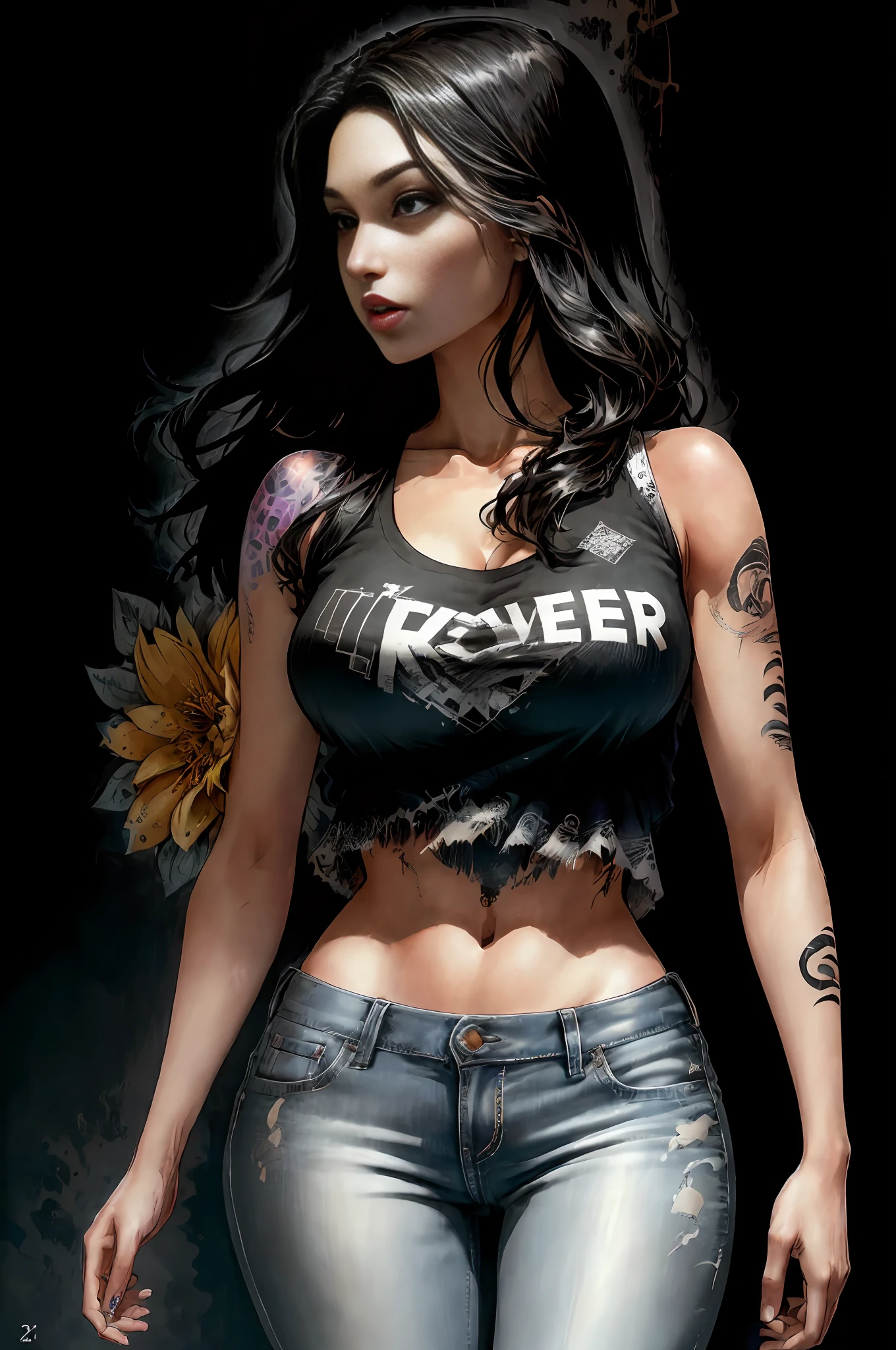 background, mixed-language_text, Japanese letters in graffit, Kelly Brook beautiful woman, long black hair, excellent lighting, sidelighting, perfect ultimate (flat color: 1.3), (magazine_cover: 1.4), (multicolored_background: 1.3), striped_background, card_background, :: discs with sharp and shiny blades in the hand :: circular pieces of white metals glued to the ultra detailed arms coming out sparkling glow, black star design stamped in the middle of the shirt , Perfect and detailed sculptural body, ultra detailed shirt with abstract design and with Japanese letter print in grafit of the sides of the clothing, worn jeans, big breast, with immersive effects, hover effect, background graffiti style tribal tattoo with flowers and vibrant colors, "ultra HDR" detailed and with focus effect, (masterpiece: 1.2, best quality), (beautiful eyes with huge eyelashes finely detailed: 1.2), , ((Solo)), (Finely detailed eyes and detailed face :1.3), perfect hands with 5 fingers and ultra detailed