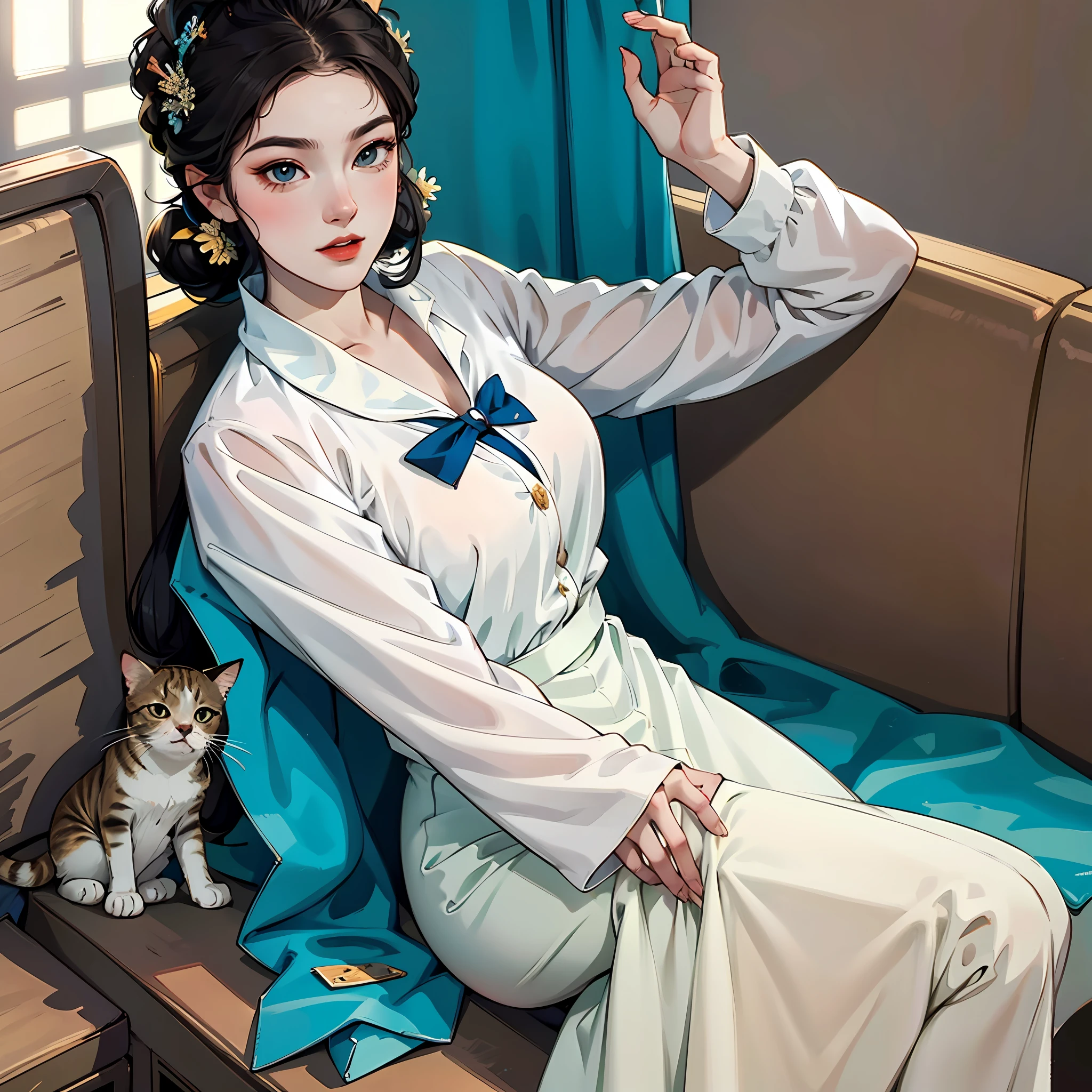 Kizi,Head down and touch the cat,The upper part of the body,Gentle girl,a white long skirt,Sunlight shines on the face --auto