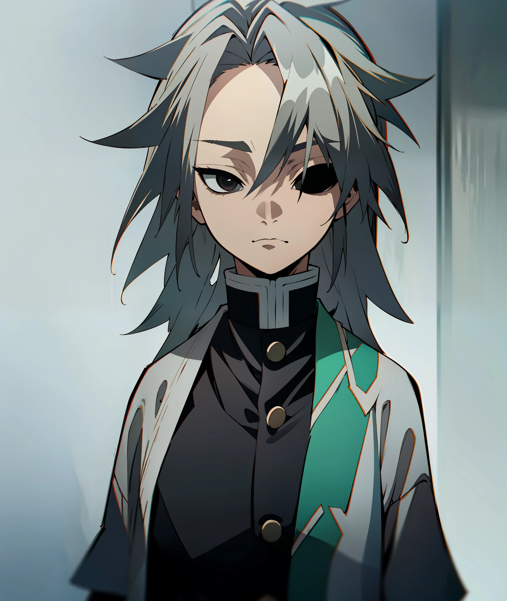 1boy, grey hair, long hair, black eyes, grey haori, calm, tired, tall, grey clothes, face shot, face, sharp eyes, black eyes, missing left eye, left eye covered, missing left eye, demon slayer uniform