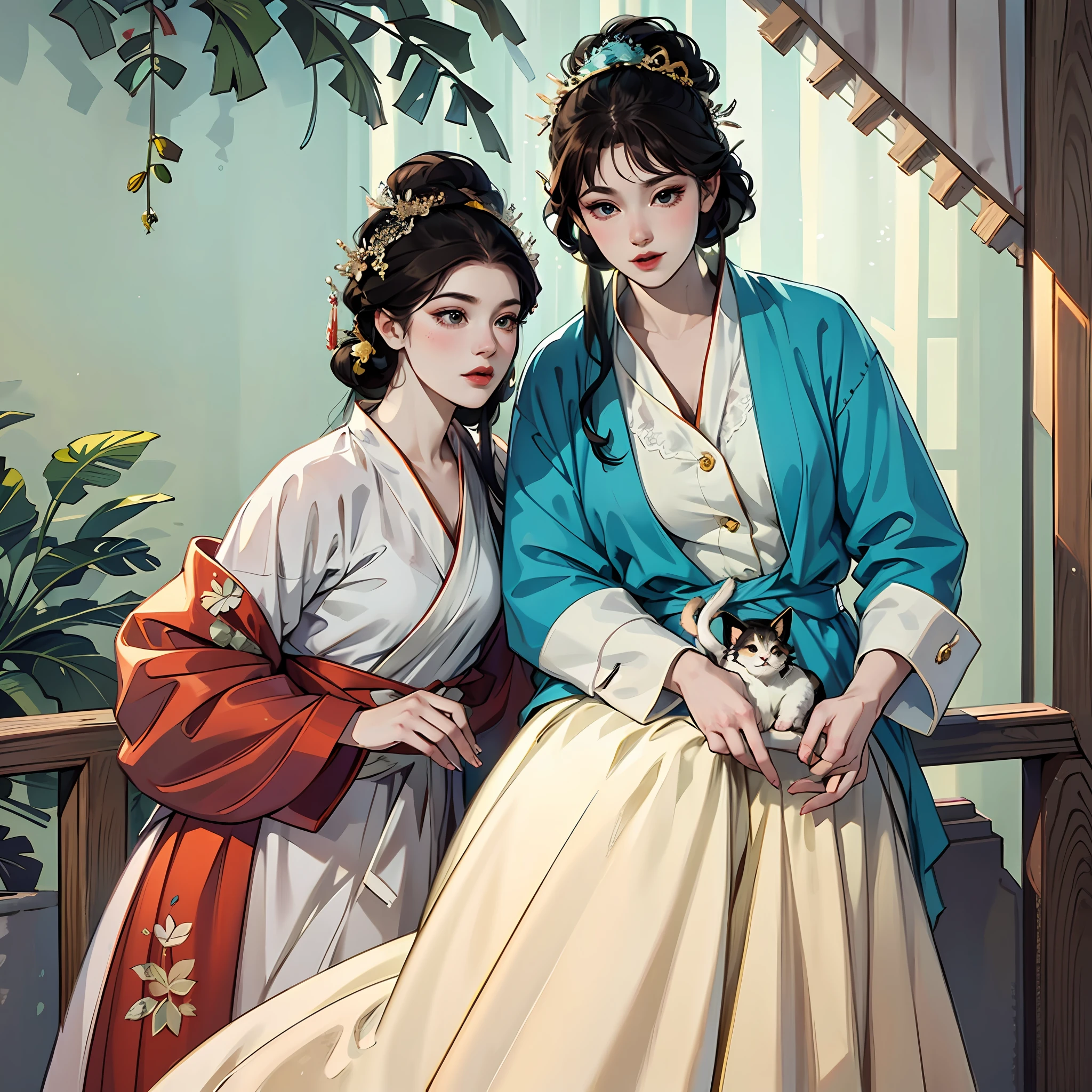 Kizi,Head down and touch the cat,The upper part of the body,Gentle girl,a white long skirt,Sunlight shines on the face --auto