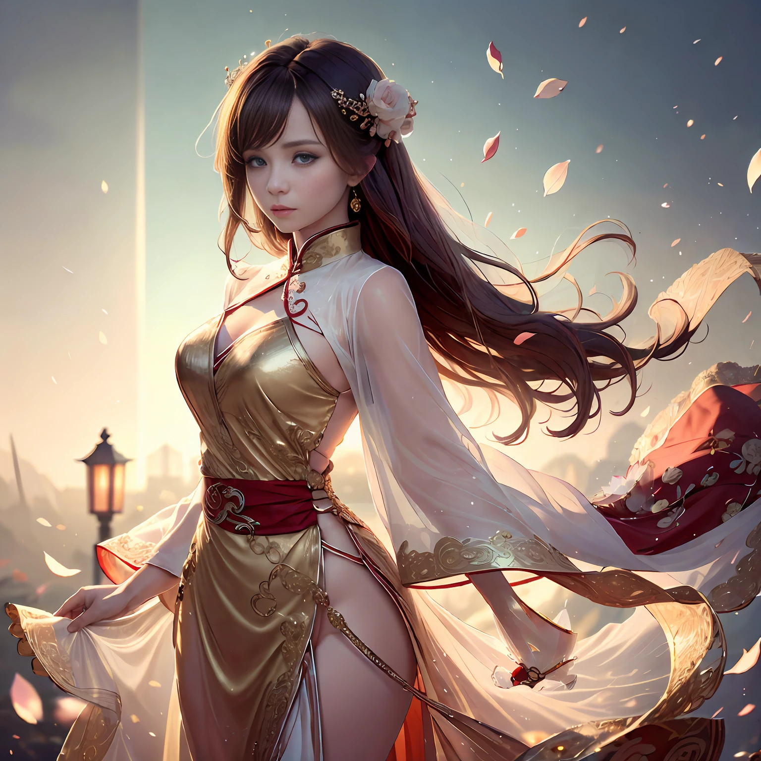 best quality, masterpiece, highres, (exquisite body:1.5),gorgeous face,(milky skin:1.3),intricate details,high resolution,wallpaper,
1girl, solo, dress, hair ornament, (((gold and red dress))), flowers, long hair, brown hair, closed mouth, jewelry, long sleeves, hand up, wide sleeves, big eyes,floating hair, chinese clothes, hanfu, embroidery, long skirt, natural pose, falling petals, indoor,fanning, lantern,
16K,HDR,highres,depth field,(film grain:1.1),boken,golden hour,(lens flare),vignette,rainbowing,(color grading:1.5) --auto