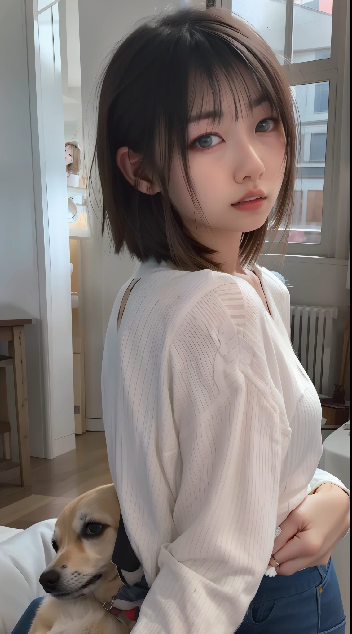 there is a woman holding a dog in her arms, With short hair, ulzzangs, white hime cut hairstyle, girl cute-fine-face, 🤤 girl portrait, sakimichan, 8K)), young and cute girl, shikamimi, chiho, 19-year-old girl, a cute young girl, cute - fine - face