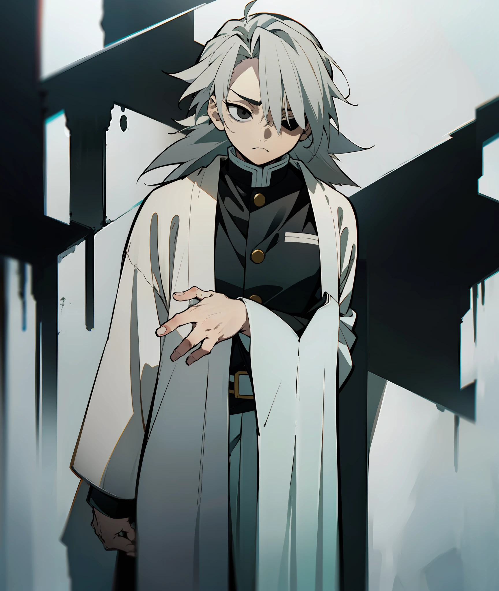 1boy, grey hair, long hair, black eyes, grey haori, calm, tired, tall, grey clothes, face shot, face, sharp eyes, black eyes, missing left eye, left eye covered, missing left eye, demon slayer uniform