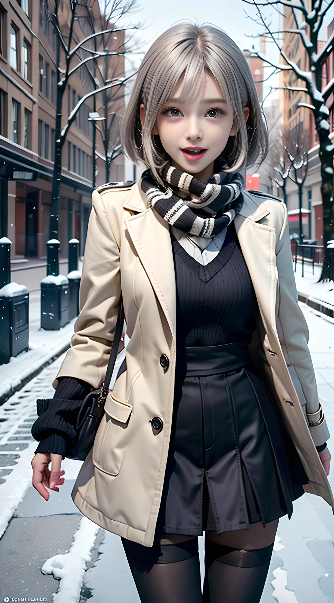 wide pelvis, the creamy smooth skin,
(masterpiece, best quality, highres, ultra-detailed, detailed background, detailed eyes, beautifull face:1.2), 1girl, solo, white hair, short straight hair, blunt bangs, grey eyes, flat chest, narrow waist, pale skin, petite, outdoors, street, winter, snow, school uniform, winter uniform, white winter coat, white scarf, school bag, black legwear, pantyhose, open mouth, smile, happy, looking at viewer, cowboy shot,