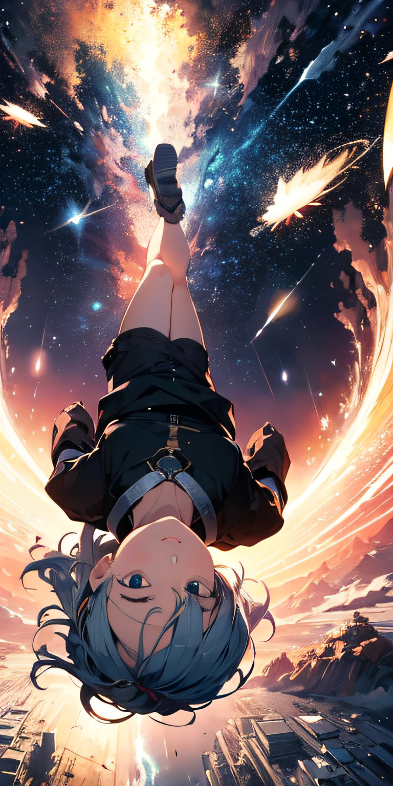 A high resolution(Masterpiece:1.4),ultra - detailed,Presented from above,Boy floating in space,The background has meteors and cosmic elements。