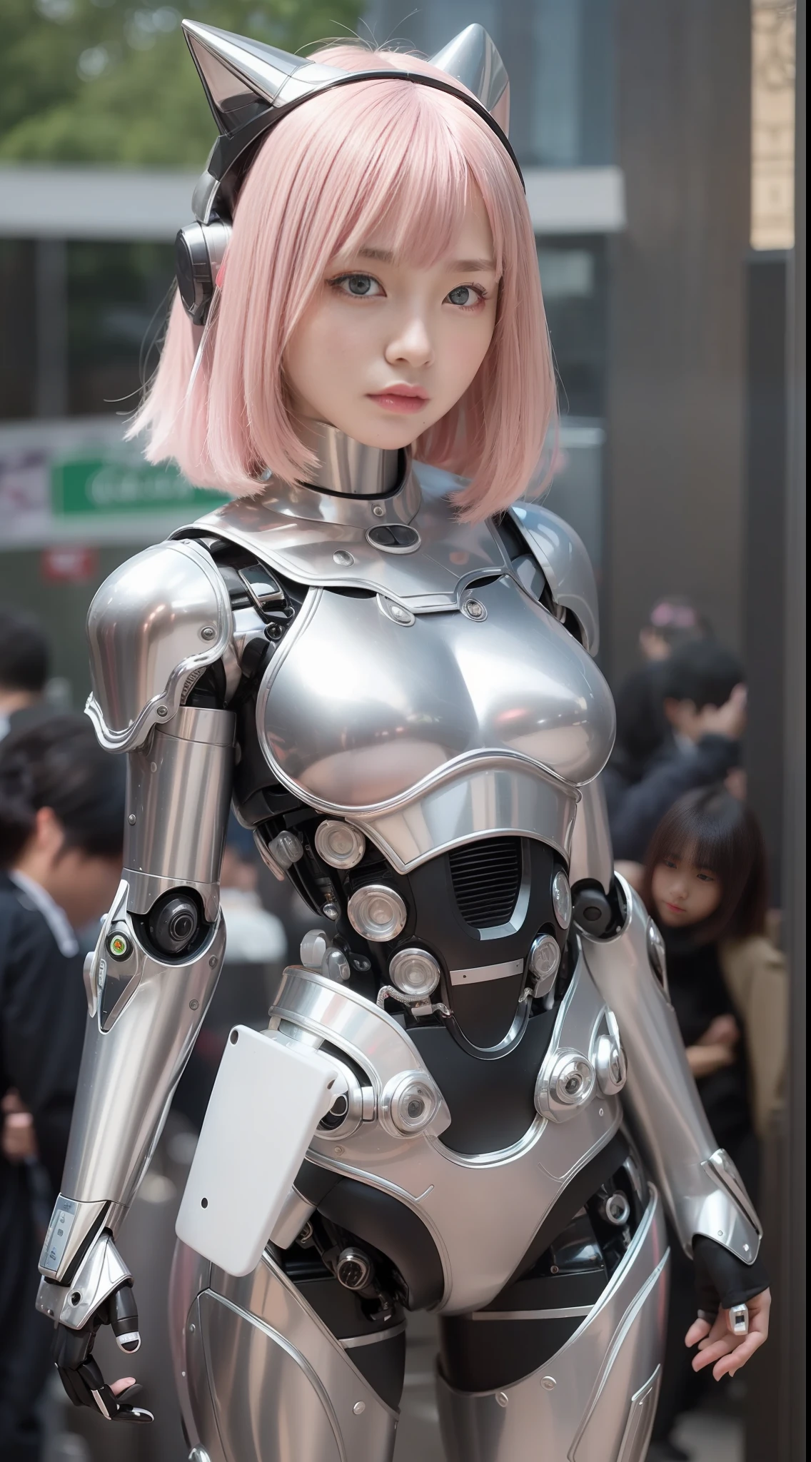 (Photorealsitic:1.4)、Onegirl、(top-quality),(hyperdetailed face)、(Super well-formed face)、((Robot Parts))、(Cyborg girl)、(pink there)、(Silver)、(metalic)、(fullllbody)、(Moe Pose)、(Slender body)、(tits out)、(Model body type)、(mecha exposure)、(akihabara)、(is looking at the camera)、(A dark-haired)、(９Head and body)、(a small face)、(Idol)、(front facing)、(is standing)、(Photo session)、(Looks sad)、(Cyborg girl in stage costume)、(sleeve less)、(a miniskirt)