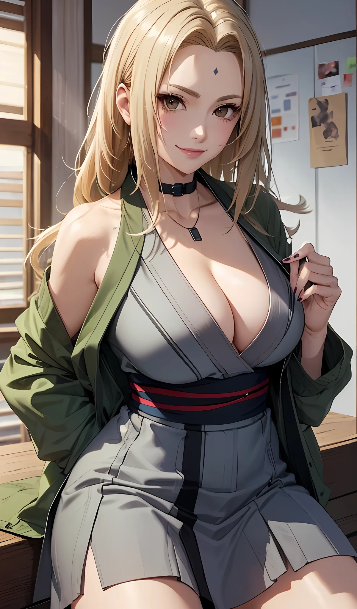 T5un4D3, marks,Tsunade, ((Gray kimono,Gray skirt、 Dark blue sash, The jacket is a green jacket))、8K, 1girl in, 独奏,cleavage of the breast,(​masterpiece:1.4),(Top image quality:1.4),(glowy skin),Tsunade_senju、A smile、Big thighs、Big ass,(a blond、dark-brown eyes）、