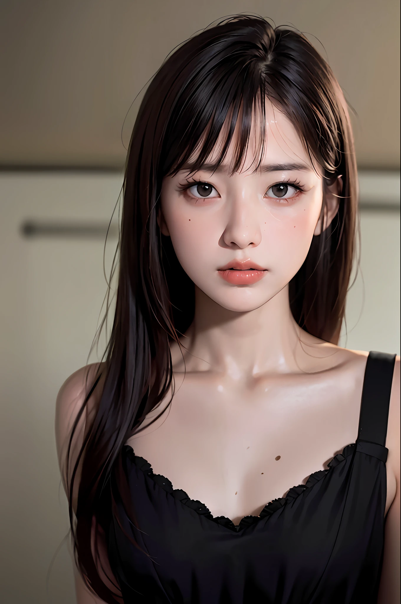 Masterpiece, best quality, (dark photo: 1.3), realistic, 1girl, flat bangs, stunning innocent symmetrical face, shirt, emotional, ulzzang, (PureErosFace_V1: 0.7)