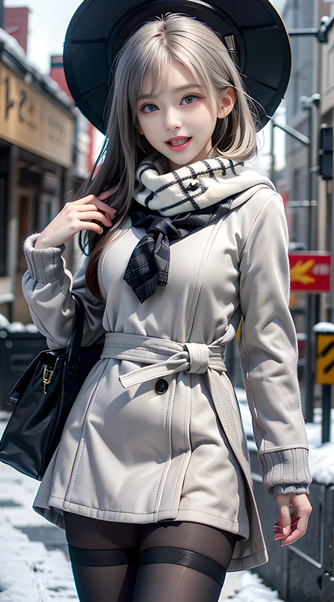 wide pelvis, the creamy smooth skin,
(masterpiece, best quality, highres, ultra-detailed, detailed background, detailed eyes, beautifull face:1.2), 1girl, solo, white hair, short straight hair, blunt bangs, grey eyes, flat chest, narrow waist, pale skin, petite, outdoors, street, winter, snow, school uniform, winter uniform, white winter coat, white scarf, school bag, black legwear, pantyhose, open mouth, smile, happy, looking at viewer, cowboy shot,