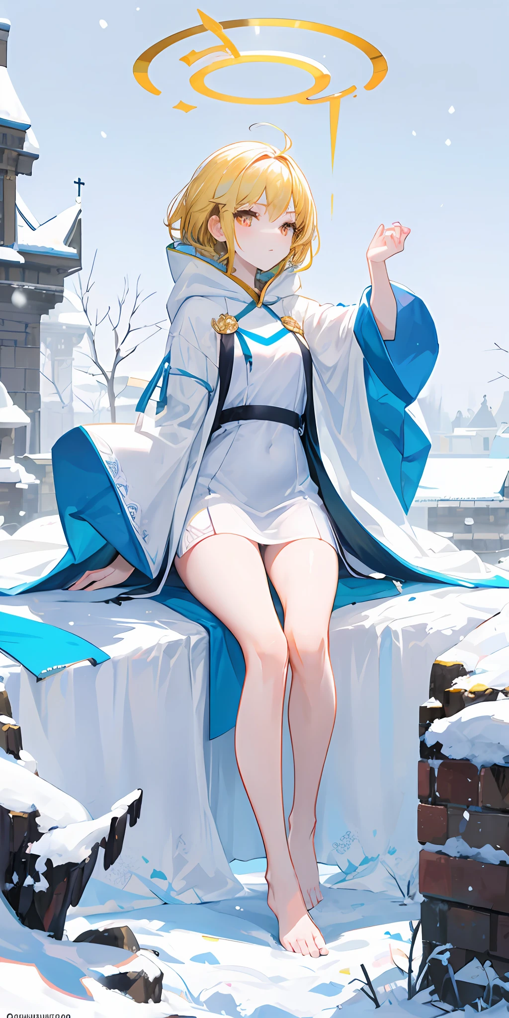 golden hair,Golden eyes,Wearing a white hood,With a petite figure,adolable,snowy day,holy,Reach out to the sky,Snow-white skin ,Short white dress,Bare-legged jade feet,tmasterpiece,HighestQuali